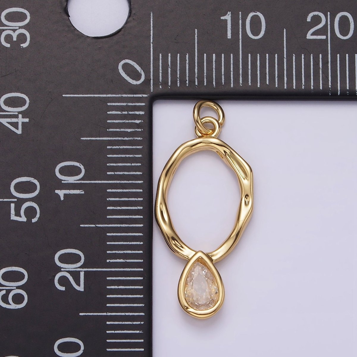 14K Gold Filled 25.5mm Open Dented Oblong Clear Teardrop CZ Drop Charm | AG280 - DLUXCA
