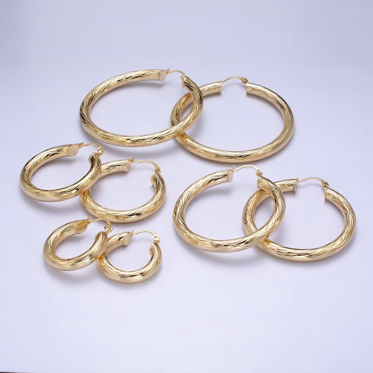 14K Gold Filled 25mm, 35mm, 45mm, 55mm Curved Line-Textured Twisted French Lock Latch Earrings | AE017 - AE020 - DLUXCA