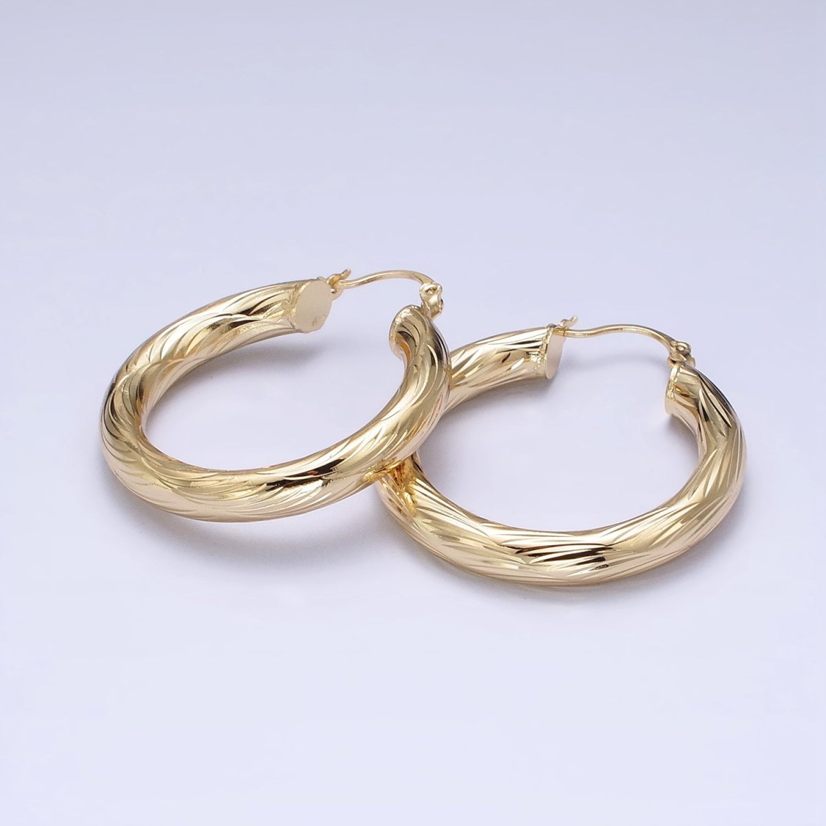 14K Gold Filled 25mm, 35mm, 45mm, 55mm Curved Line-Textured Twisted French Lock Latch Earrings | AE017 - AE020 - DLUXCA