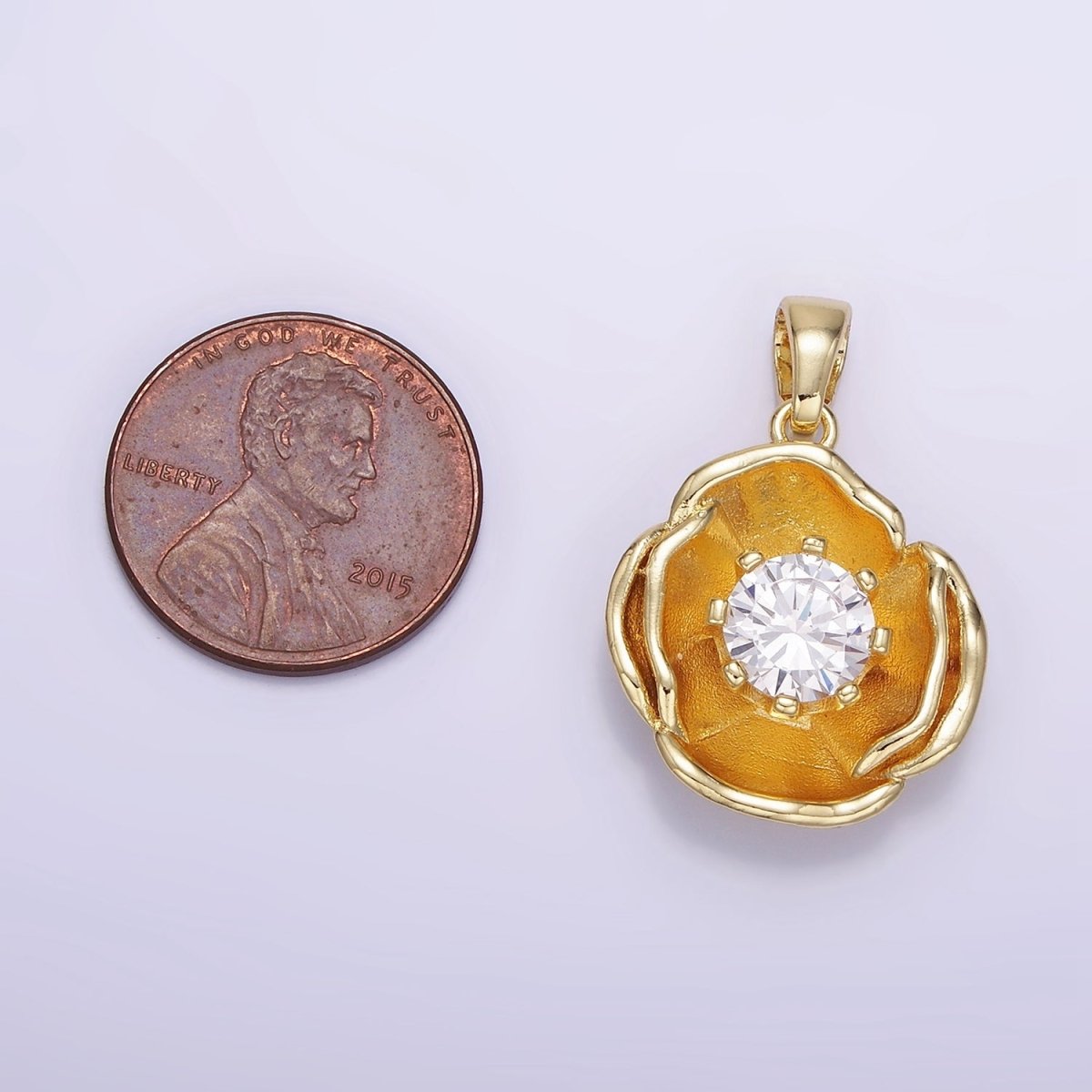 14K Gold Filled 25mm Clear CZ Hammered Dome Petal Flower Pendant | AH154 - DLUXCA