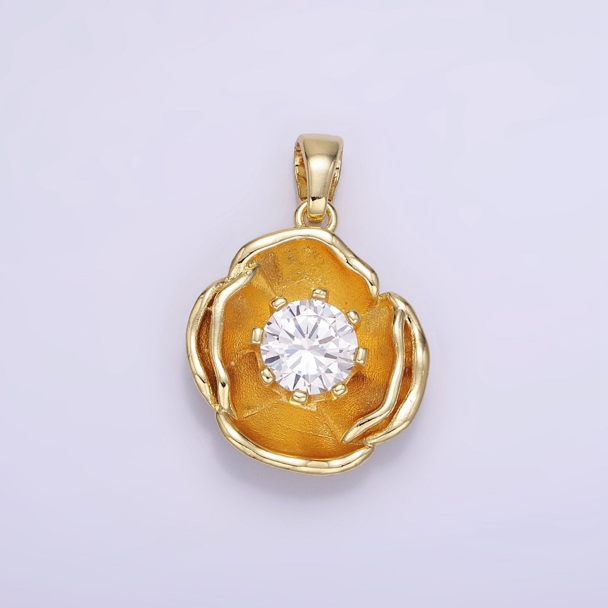 14K Gold Filled 25mm Clear CZ Hammered Dome Petal Flower Pendant | AH154 - DLUXCA