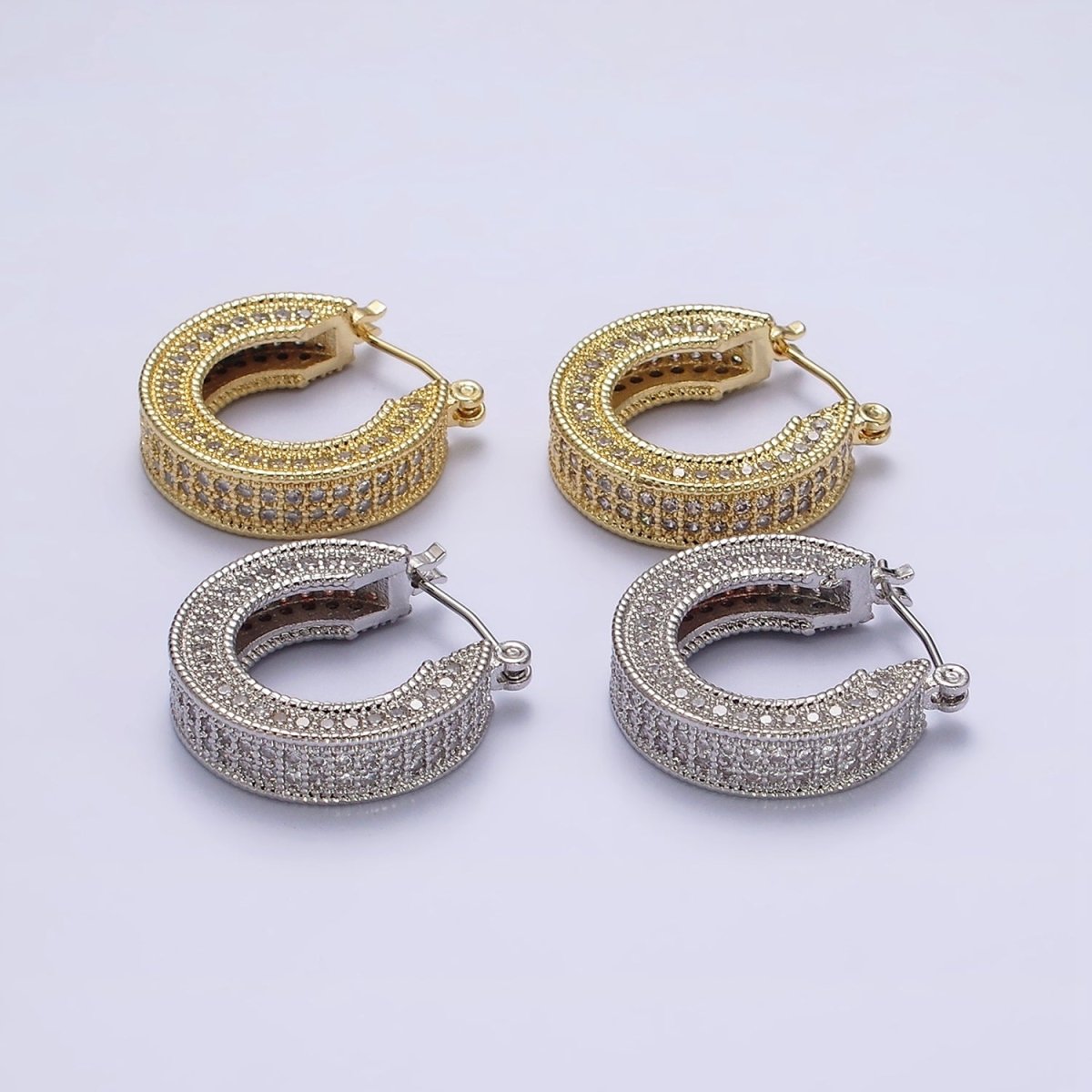 14K Gold Filled 25mm Clear CZ Lined Wide Hoop Latch Earrings in Gold & Silver | AE552 AE553 - DLUXCA