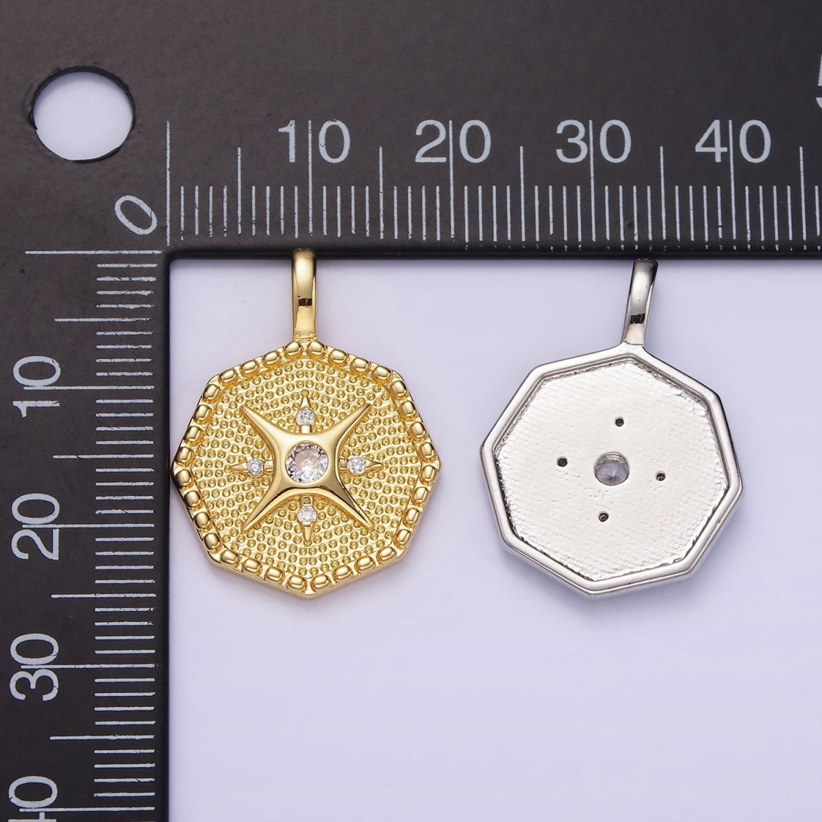 14K Gold Filled 25mm Compass CZ Dotted Hexagonal Pendant in Gold & Silver | AA1151 - DLUXCA