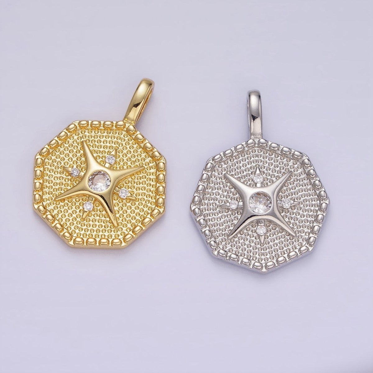 14K Gold Filled 25mm Compass CZ Dotted Hexagonal Pendant in Gold & Silver | AA1151 - DLUXCA