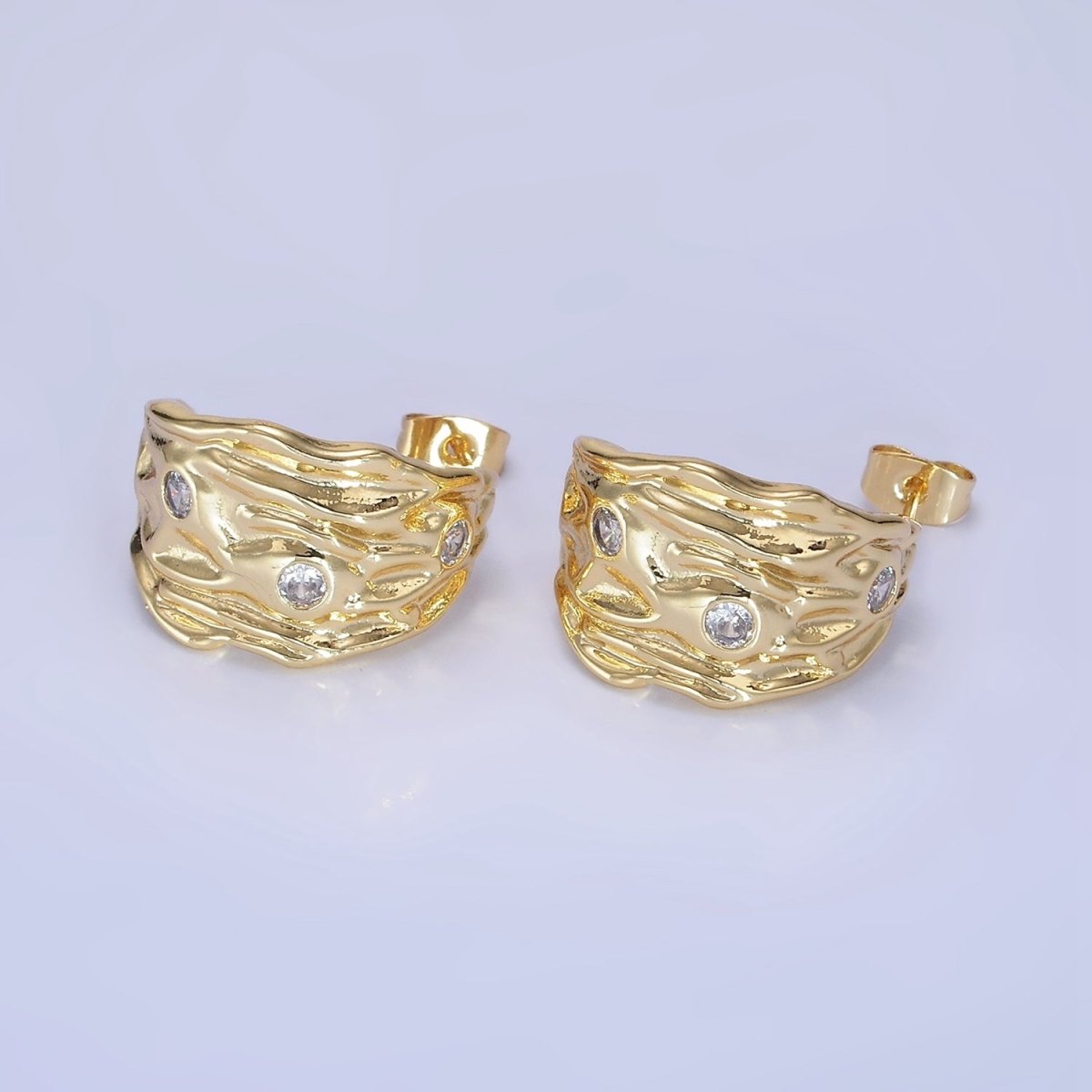 14K Gold Filled 25mm CZ Dotted Hammered C-Shaped Earrings in Gold & Silver | AE1300 AE1301 - DLUXCA