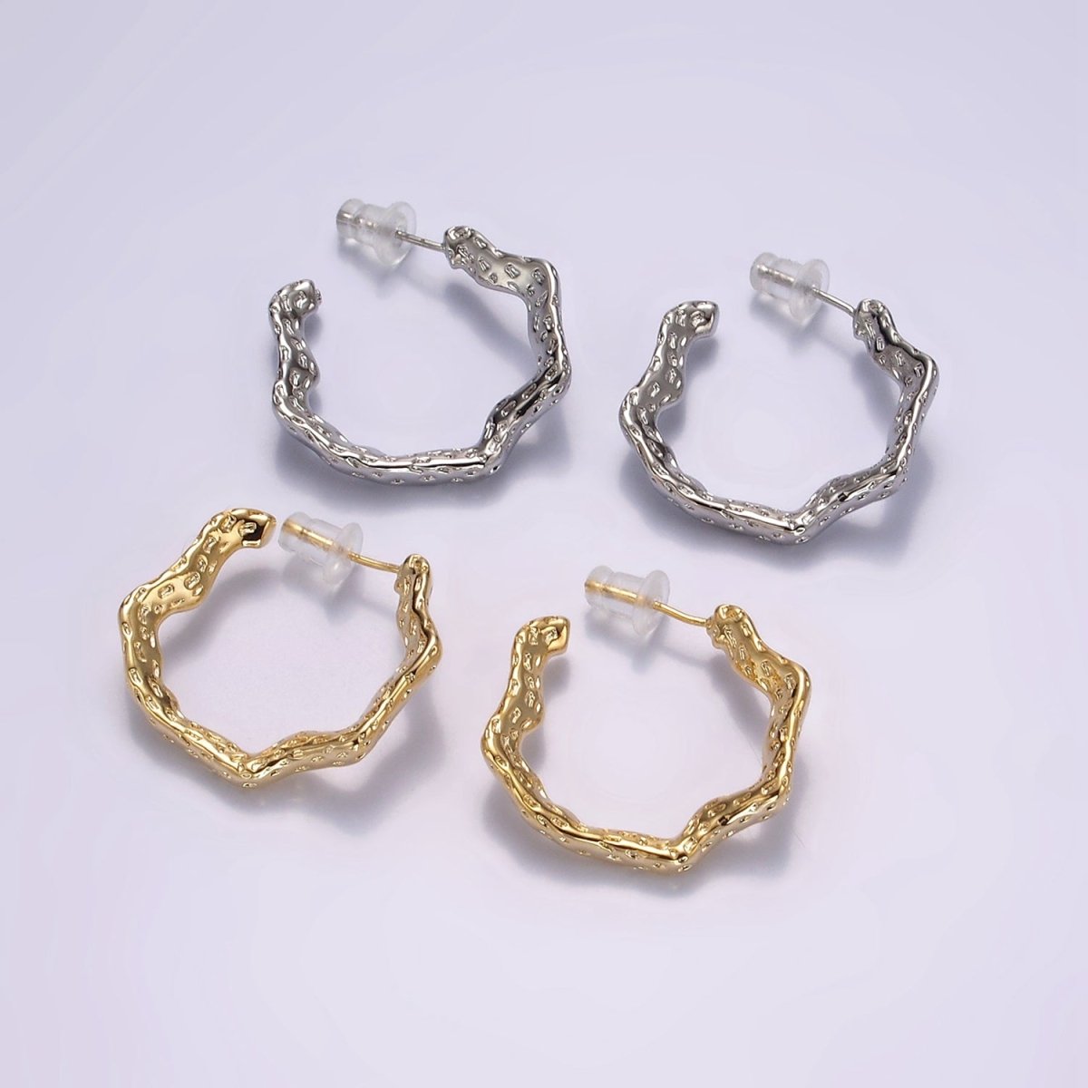 14K Gold Filled 25mm Dented Abstract C-Shaped Hoop Earrings in Gold & Silver | AE330 AE331 - DLUXCA