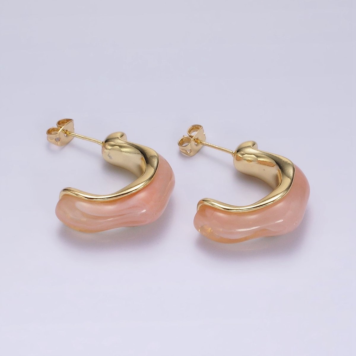 14K Gold Filled 25mm Green, Cream, Pink, Brown C-Shaped Resin Hoop Earrings | AE155 - AE158 - DLUXCA