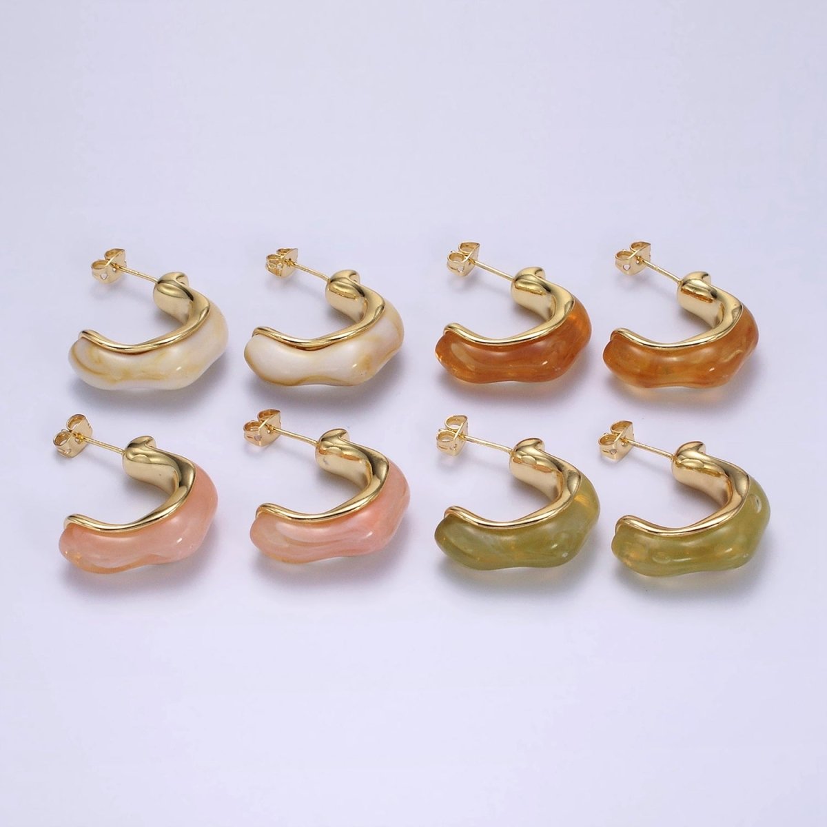 14K Gold Filled 25mm Green, Cream, Pink, Brown C-Shaped Resin Hoop Earrings | AE155 - AE158 - DLUXCA