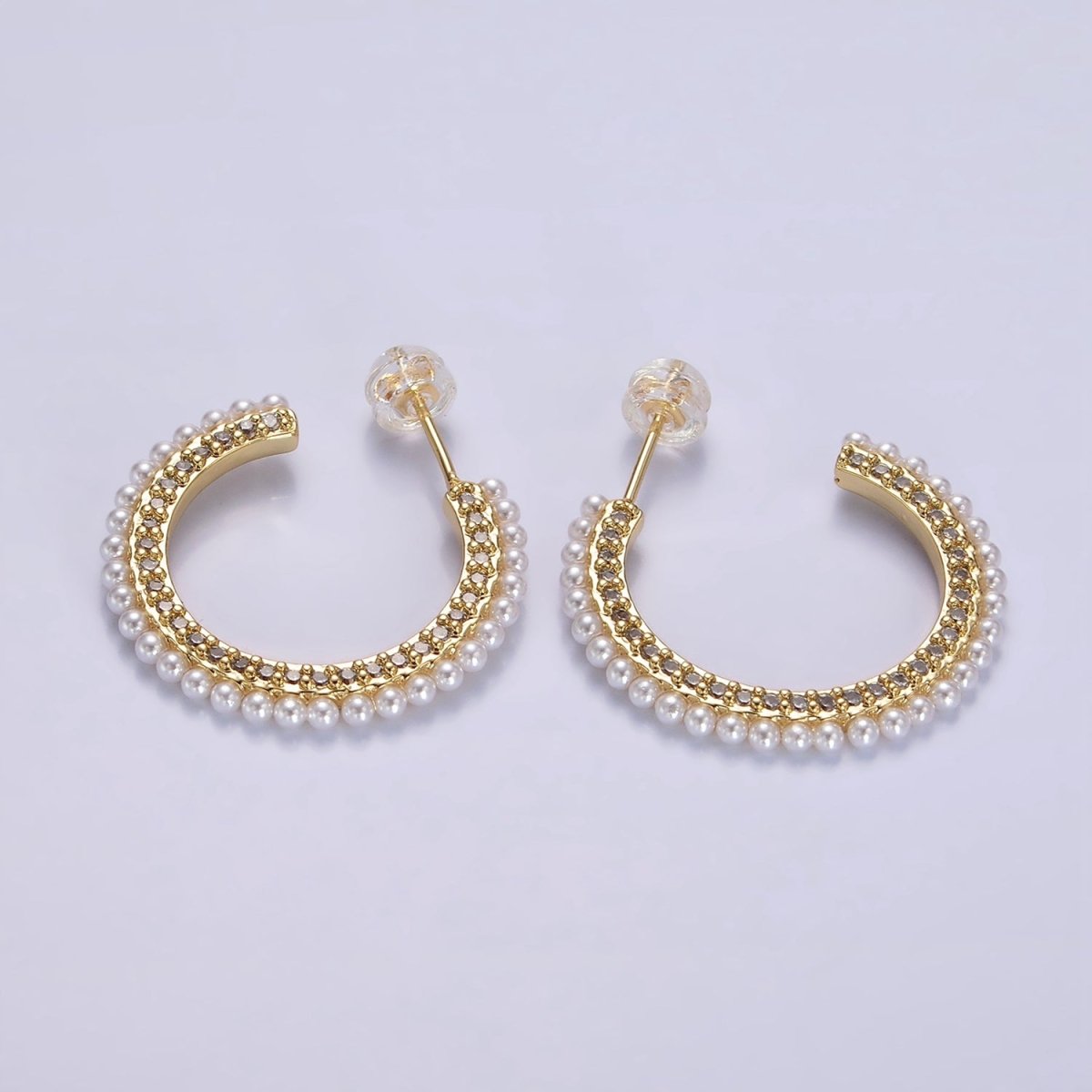 14K Gold Filled 25mm Micro Paved CZ Pearl Dotted C-Shaped Hoop Earrings | AE978 - DLUXCA