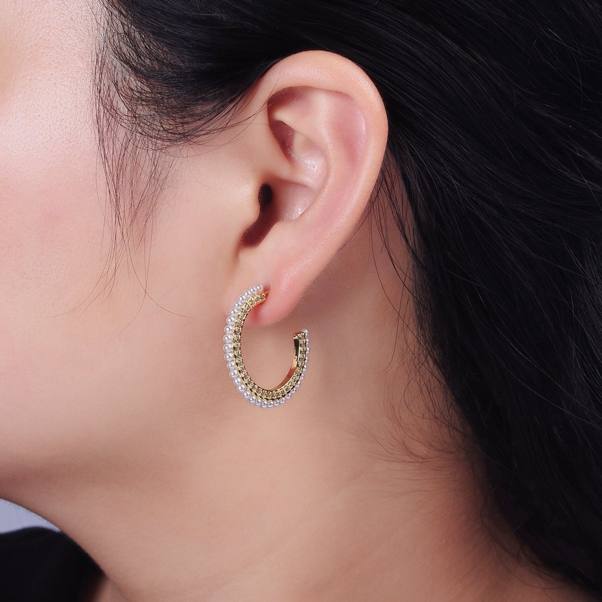 14K Gold Filled 25mm Micro Paved CZ Pearl Dotted C-Shaped Hoop Earrings | AE978 - DLUXCA