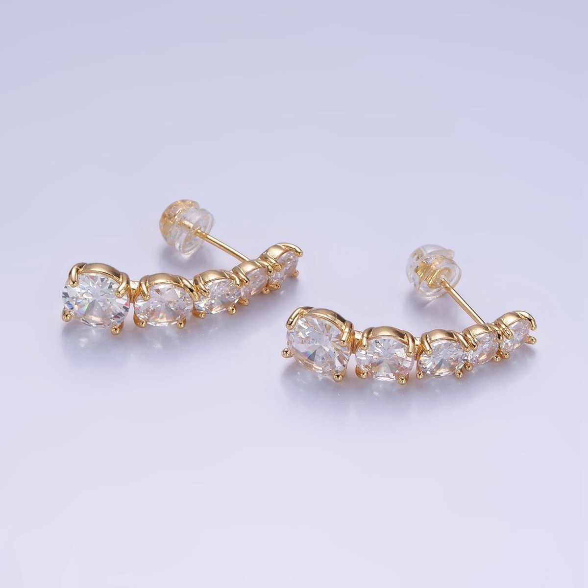 14K Gold Filled 25mm Multiple Clear Round CZ Curved Lined Stud Earrings | AE411 - DLUXCA