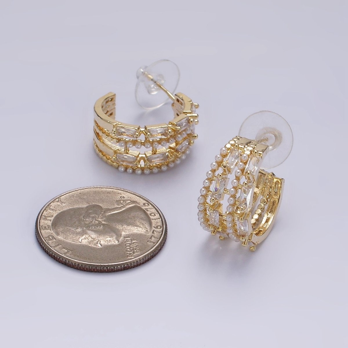 14K Gold Filled 25mm Pearl Baguette Lined C-Shaped Hoop Earrings in Gold & Silver | AE321 AE322 - DLUXCA