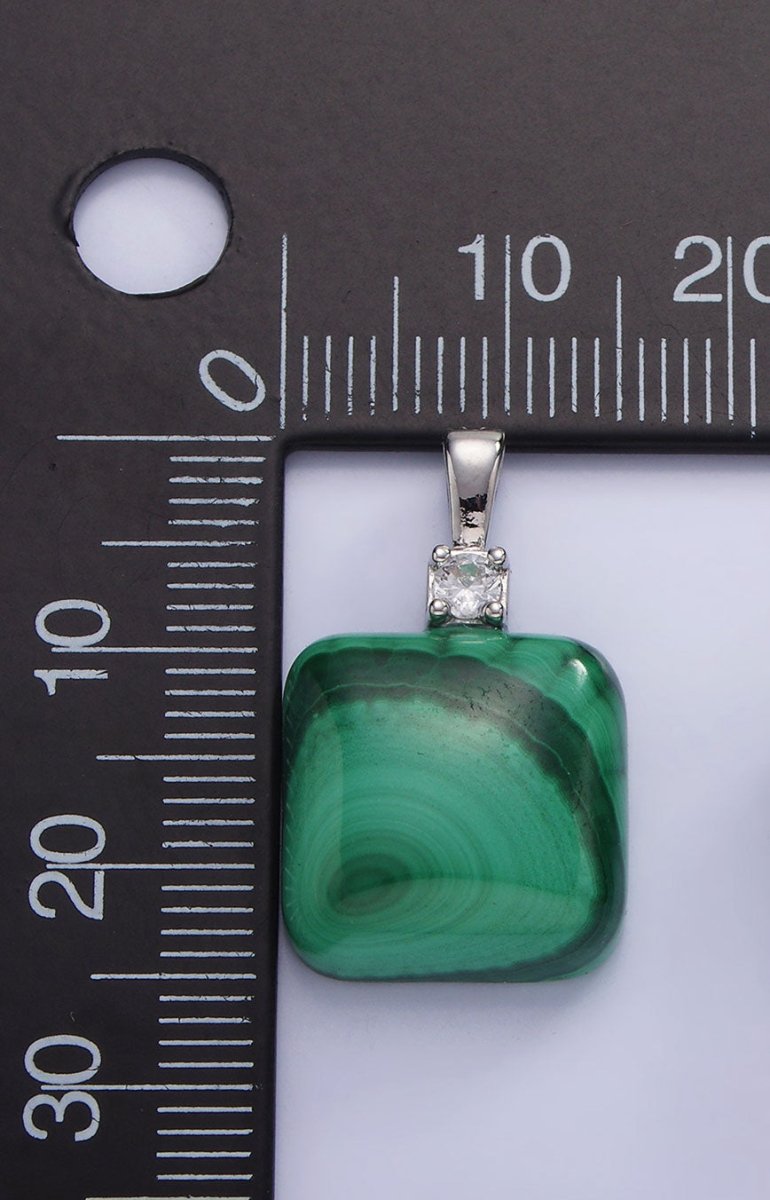 14K Gold Filled 25mm Square Malachite CZ Bail Pendant in Gold & Silver | AH134 - DLUXCA