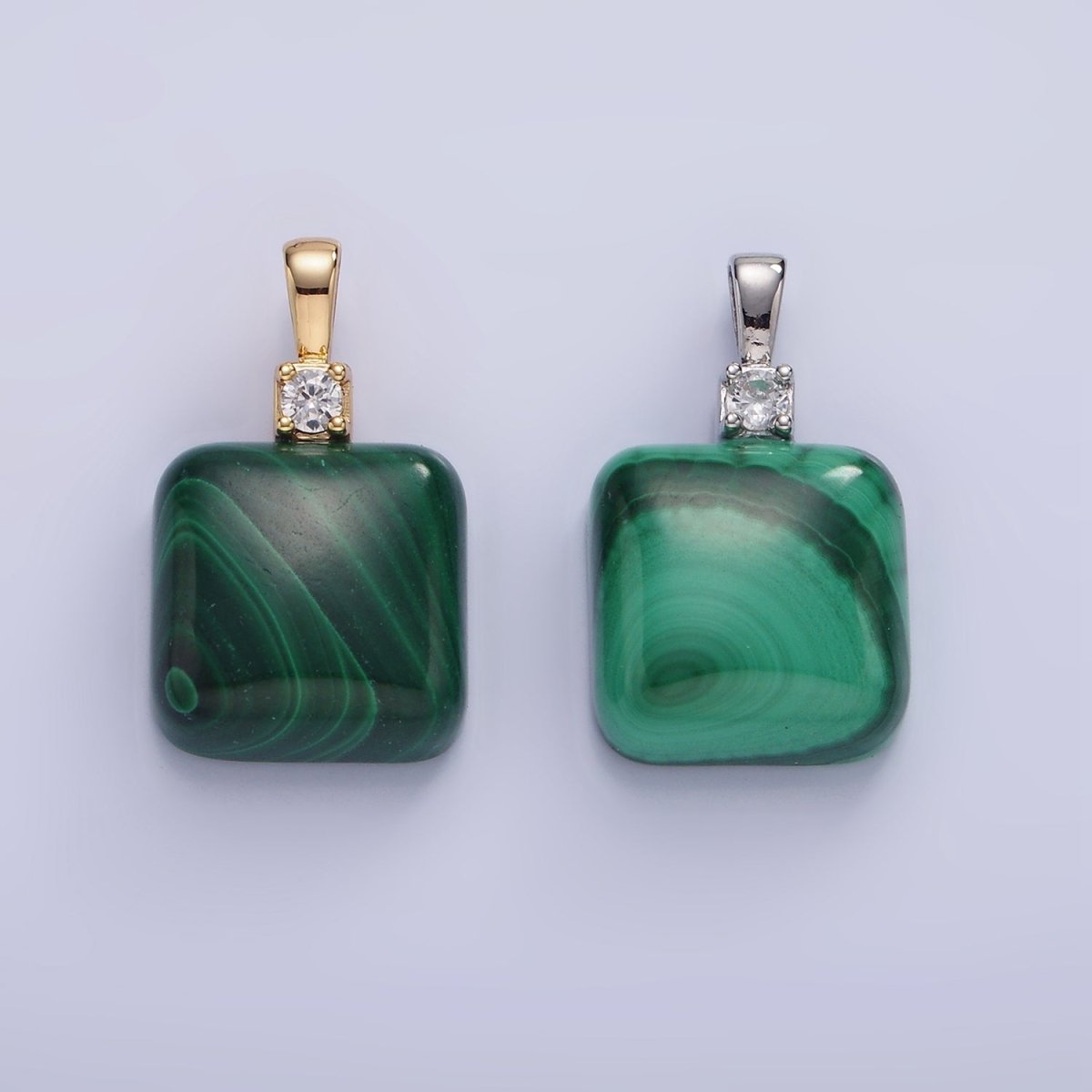 14K Gold Filled 25mm Square Malachite CZ Bail Pendant in Gold & Silver | AH134 - DLUXCA