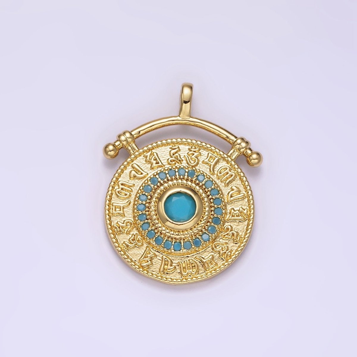 14K Gold Filled 25mm Turquoise Zodiac Sign Engraved Round Drop Pendant | N1808 - DLUXCA