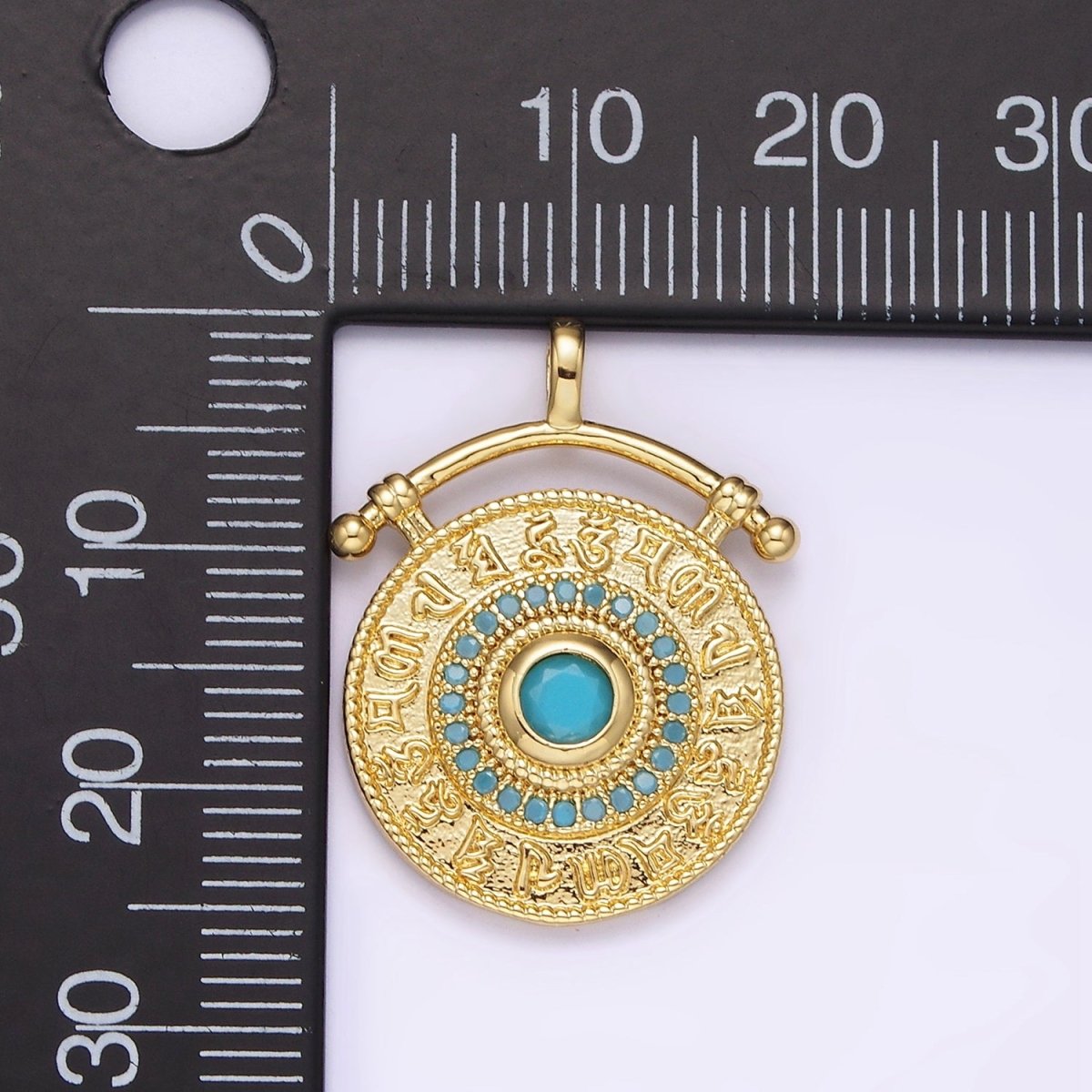 14K Gold Filled 25mm Turquoise Zodiac Sign Engraved Round Drop Pendant | N1808 - DLUXCA