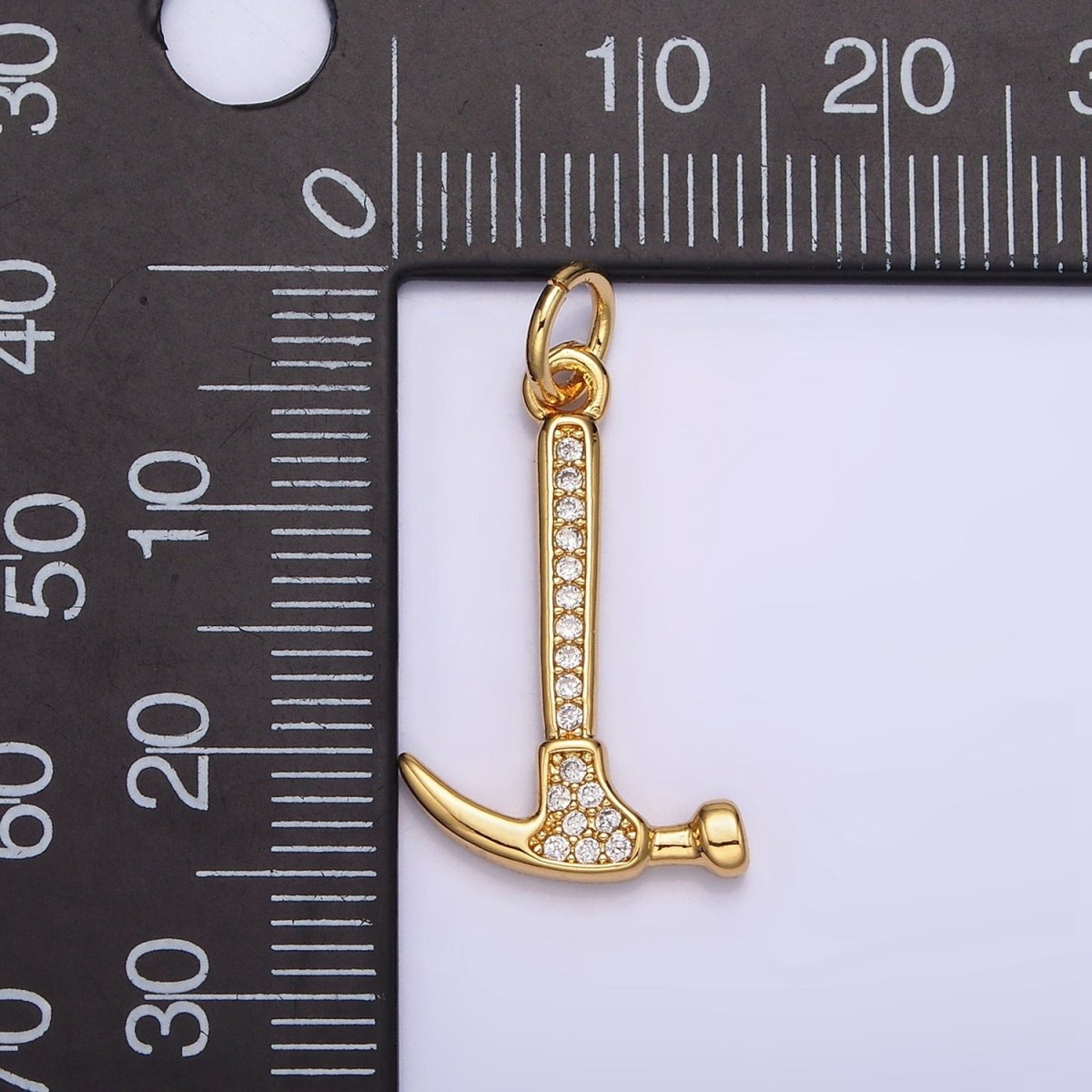 14K Gold Filled 26mm Clear Micro Paved CZ Hammer Construction Tool Charm | N1103 - DLUXCA
