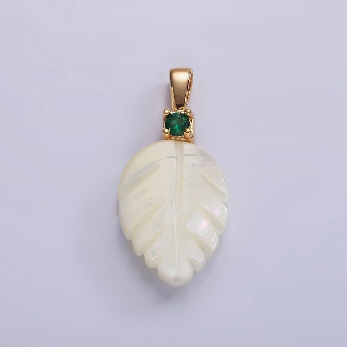 14K Gold Filled 27.5mm Green CZ Shell Pearl Nature Leaf Pendant | P1637 - DLUXCA