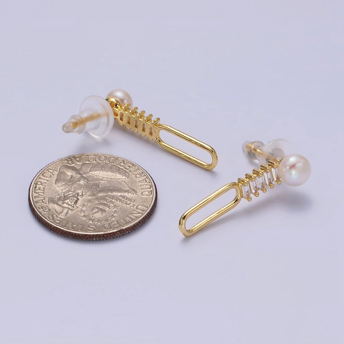 14K Gold Filled 28mm Open Oblong Clear Baguette Lined Pearl Drop Stud Earrings | AE749 - DLUXCA