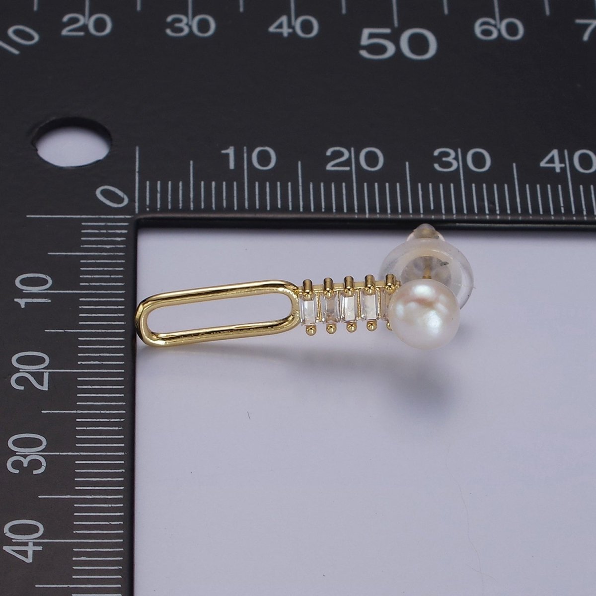 14K Gold Filled 28mm Open Oblong Clear Baguette Lined Pearl Drop Stud Earrings | AE749 - DLUXCA