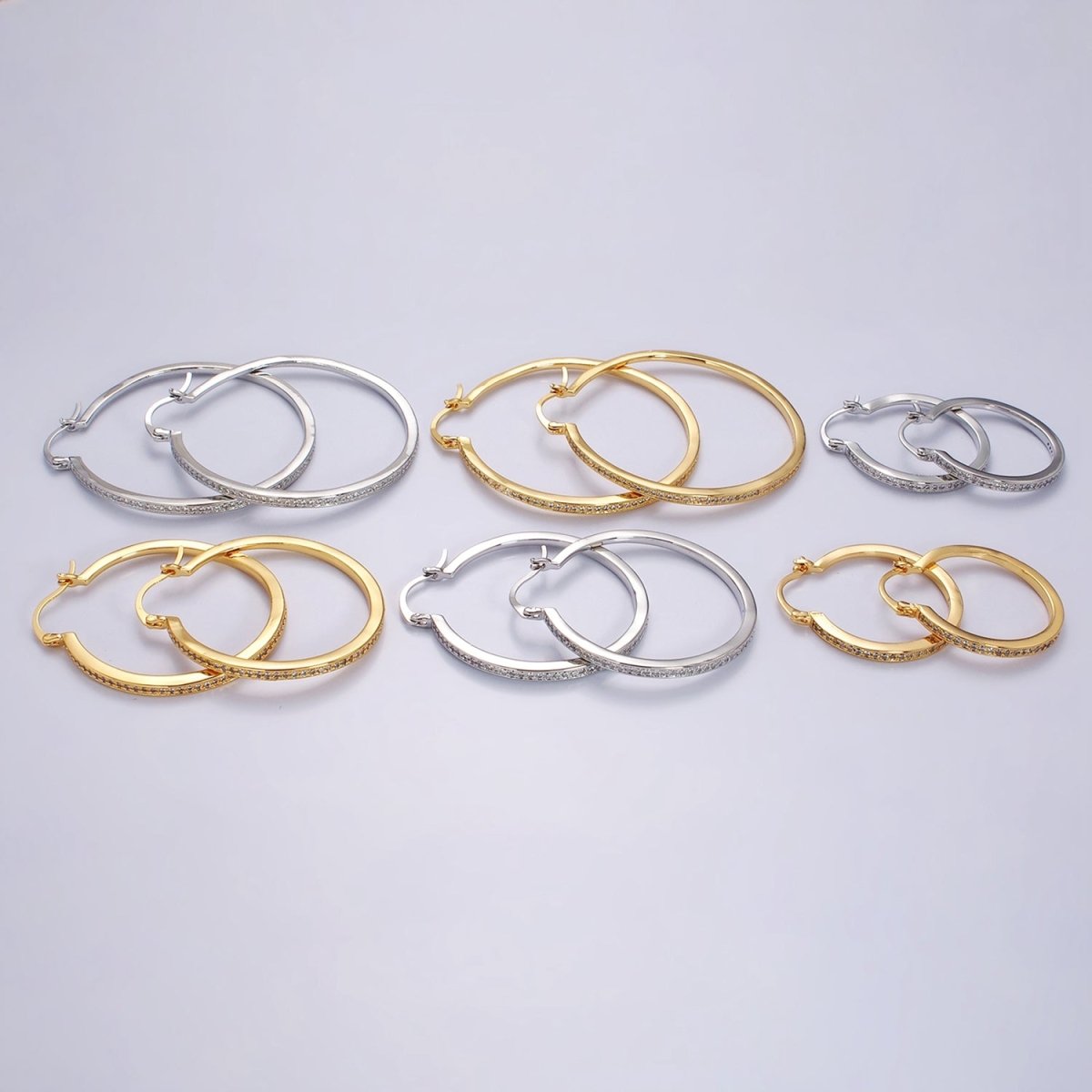 14K Gold Filled 30mm, 40mm, 50mm Clear CZ Lined Latch Hoop Earrings in Gold & Silver | AE145 - AE150 - DLUXCA