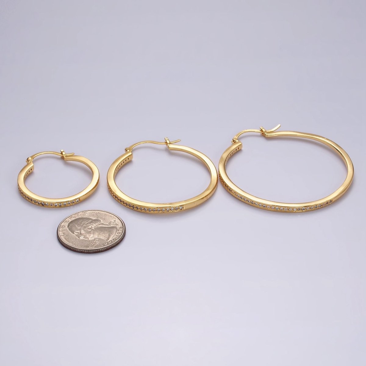 14K Gold Filled 30mm, 40mm, 50mm Clear CZ Lined Latch Hoop Earrings in Gold & Silver | AE145 - AE150 - DLUXCA