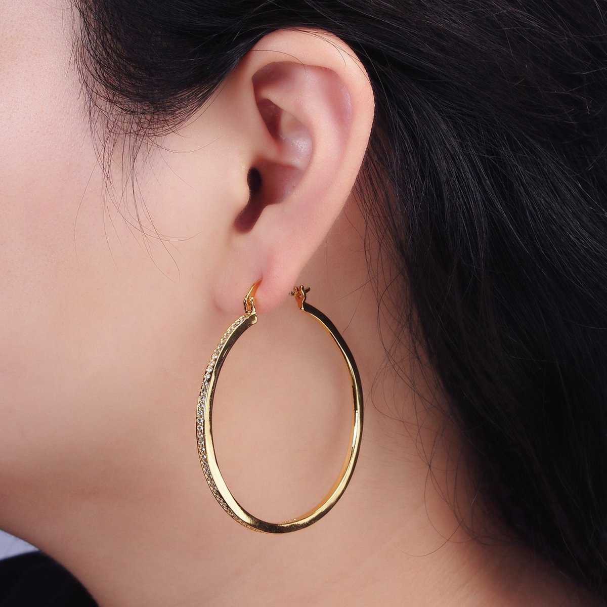 14K Gold Filled 30mm, 40mm, 50mm Clear CZ Lined Latch Hoop Earrings in Gold & Silver | AE145 - AE150 - DLUXCA