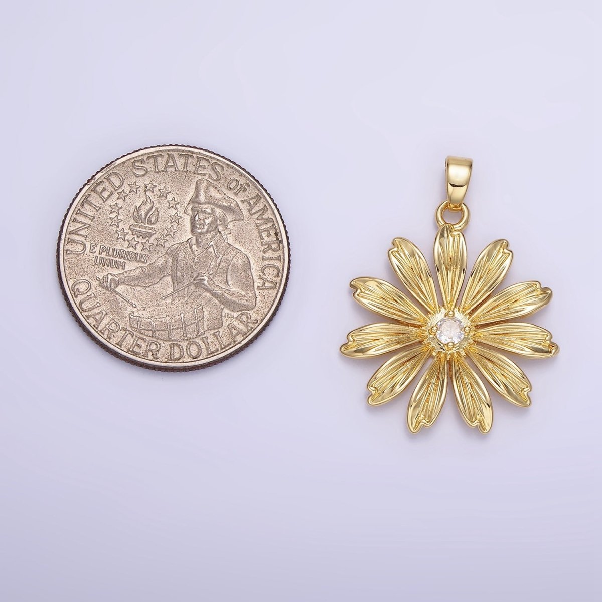 14K Gold Filled 30mm Clear CZ Lined Sunflower Nature Pendant | AH146 - DLUXCA