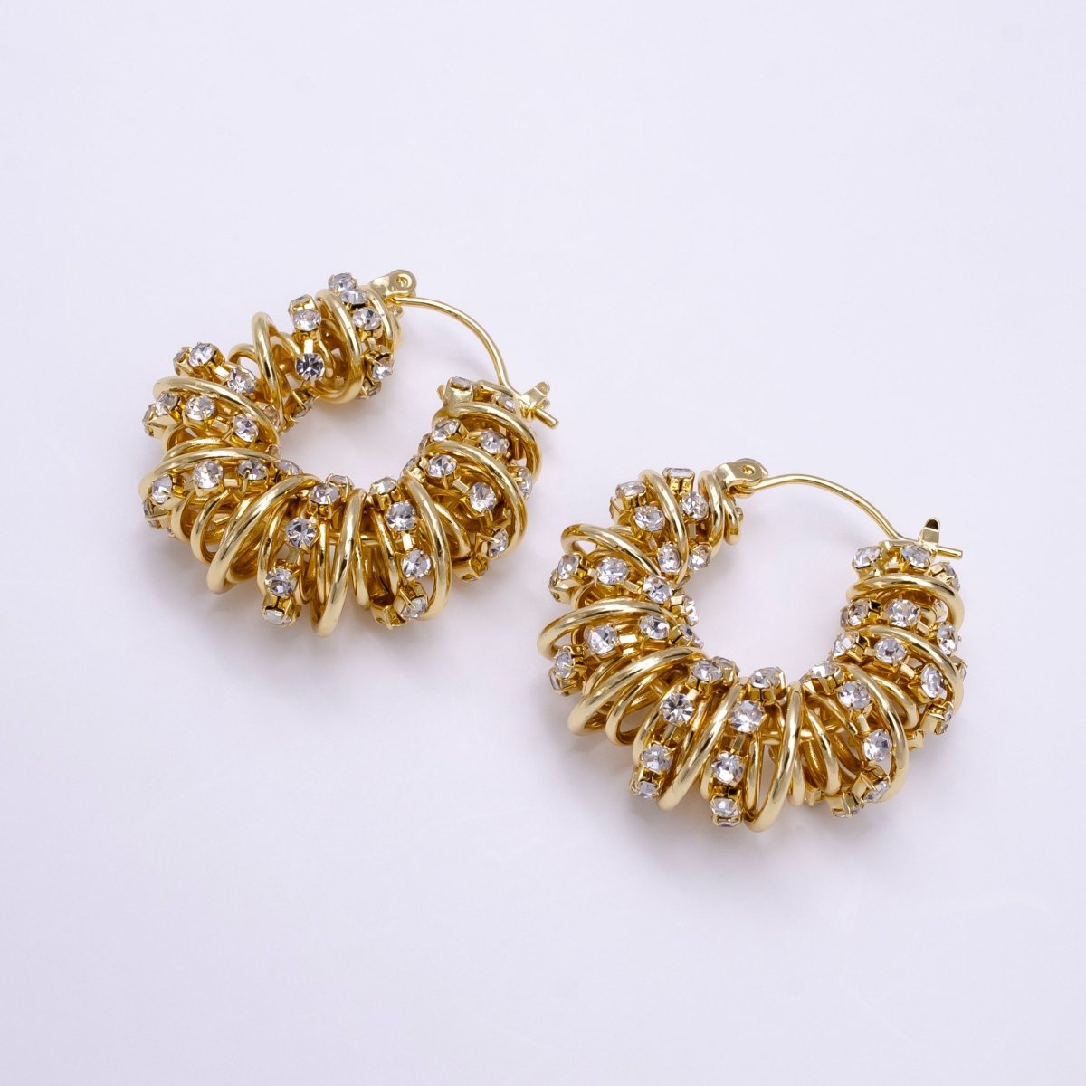 14K Gold Filled 30mm Clear CZ Multiple Spiral Band Latch Earrings in Gold & Silver | AE554 AE555 - DLUXCA