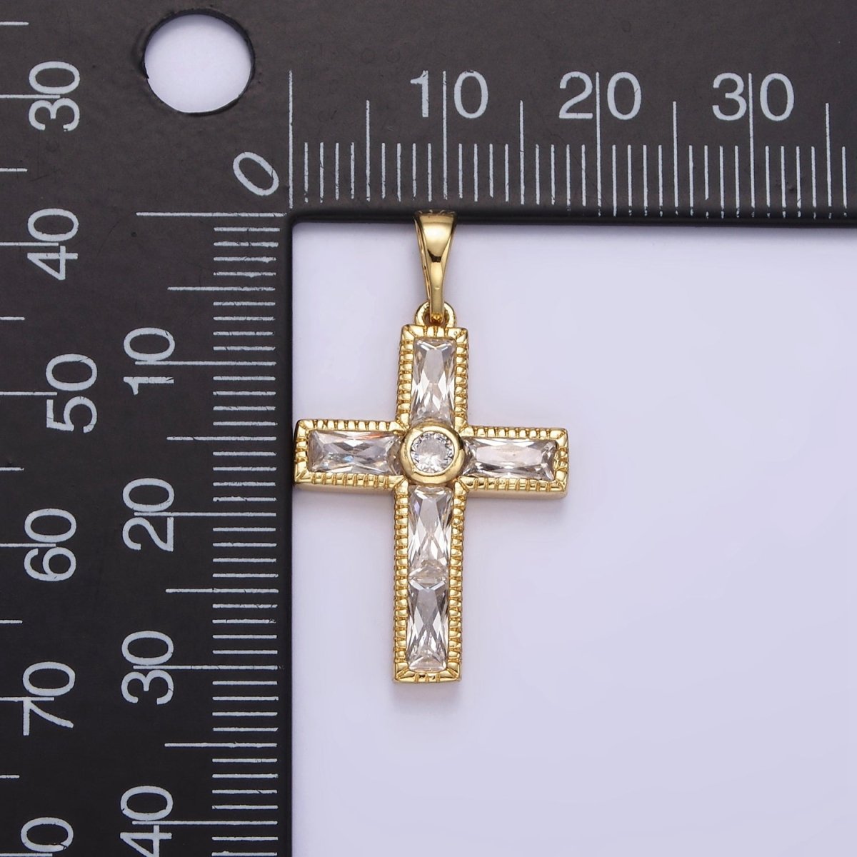14K Gold Filled 30mm Clear CZ Round Baguette Lined Textured Pendant | AA725 - DLUXCA