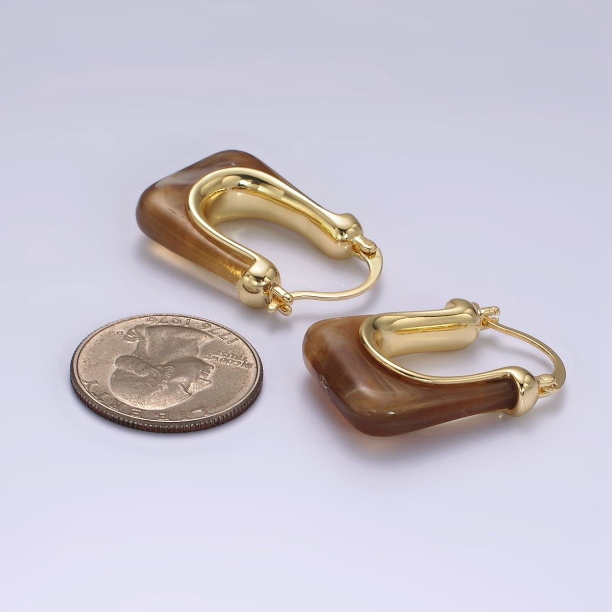 14K Gold Filled 30mm Clear, Grey, Cream, Mint, Brown, Green Resin U-Shaped Rectangular Latch Hoop Earrings | AE159 AE160 AE176 AE367 AE368 AE373 - DLUXCA