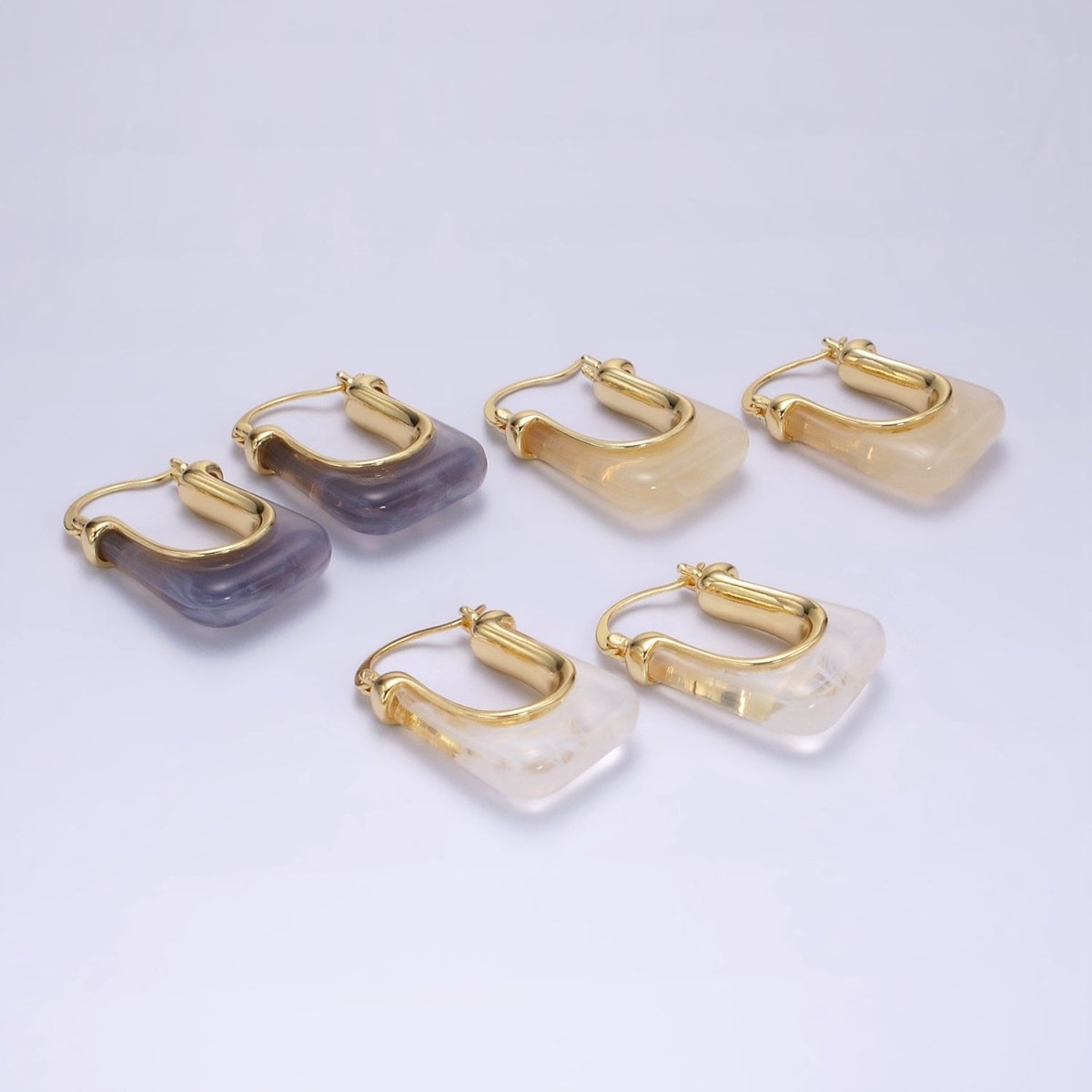14K Gold Filled 30mm Clear, Grey, Cream, Mint, Brown, Green Resin U-Shaped Rectangular Latch Hoop Earrings | AE159 AE160 AE176 AE367 AE368 AE373 - DLUXCA