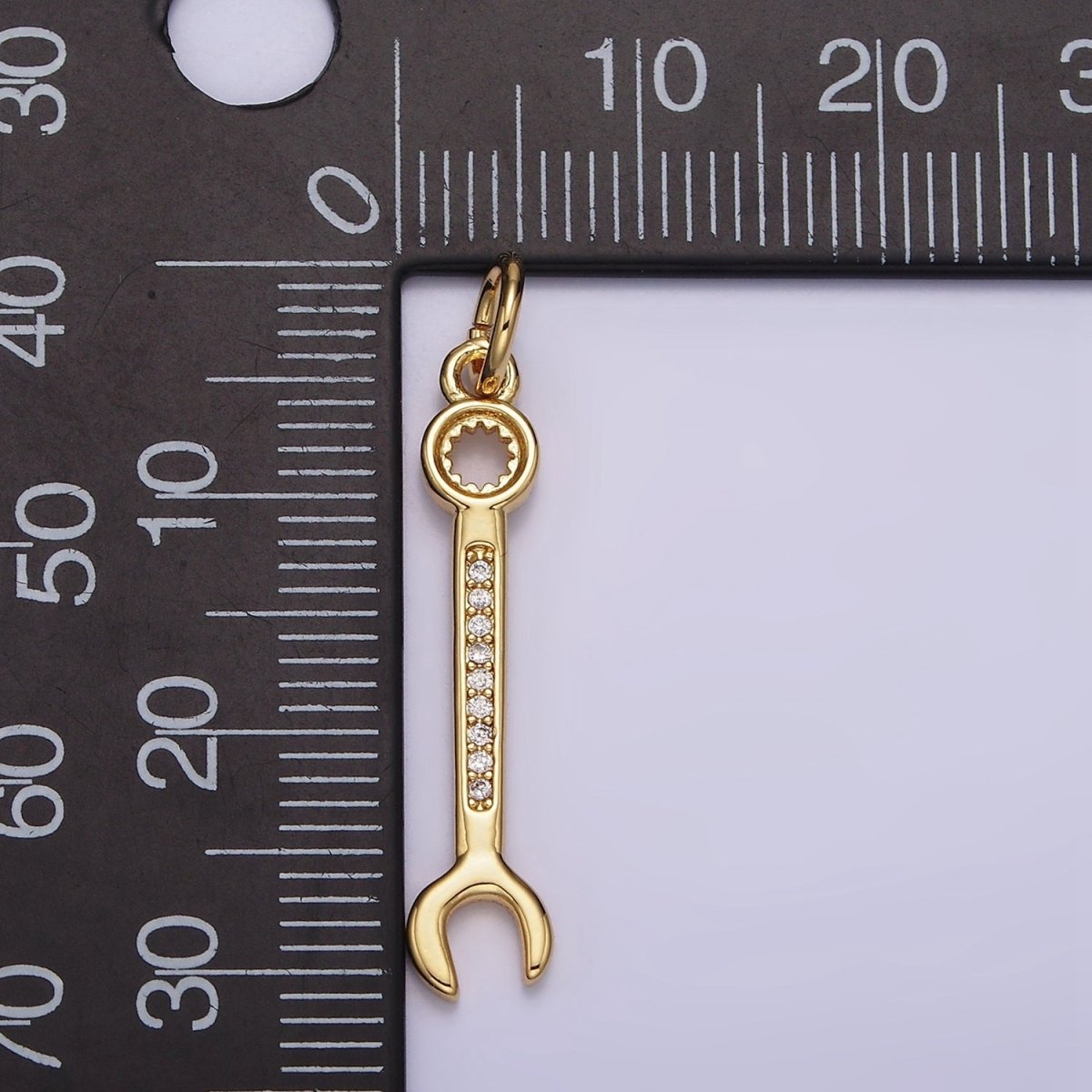 14K Gold Filled 30mm Clear Micro Paved CZ Combination Wrench Construction Tool Charm | N1102 - DLUXCA