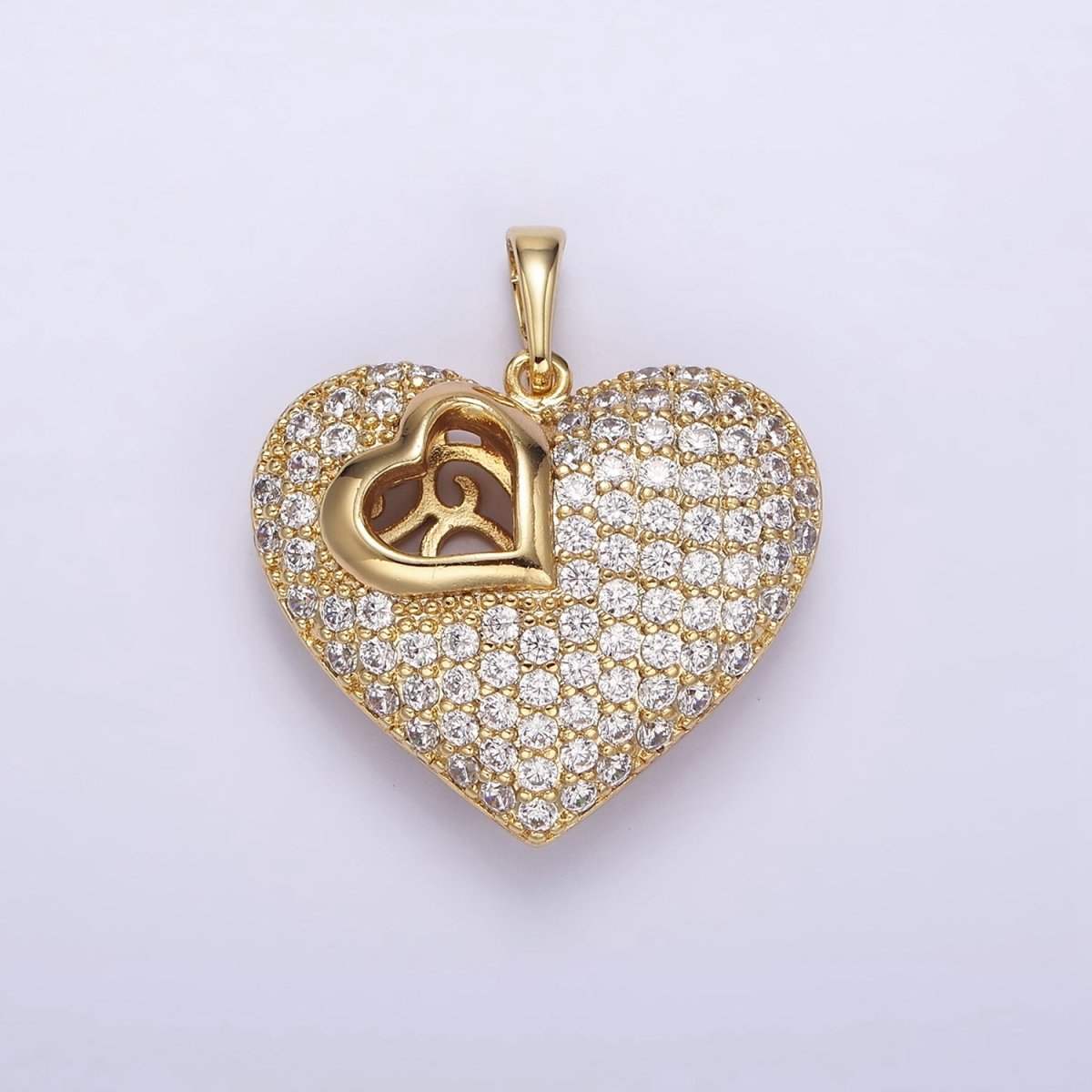 14K Gold Filled 30mm Clear Micro Paved CZ Double Sided Filigree Open Heart Pendant | AA720 - DLUXCA
