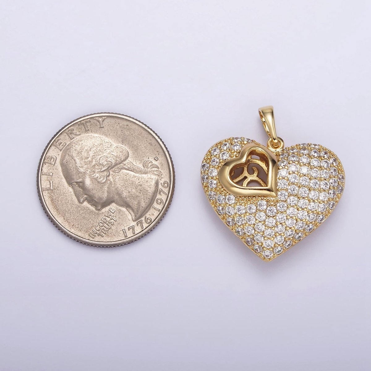 14K Gold Filled 30mm Clear Micro Paved CZ Double Sided Filigree Open Heart Pendant | AA720 - DLUXCA