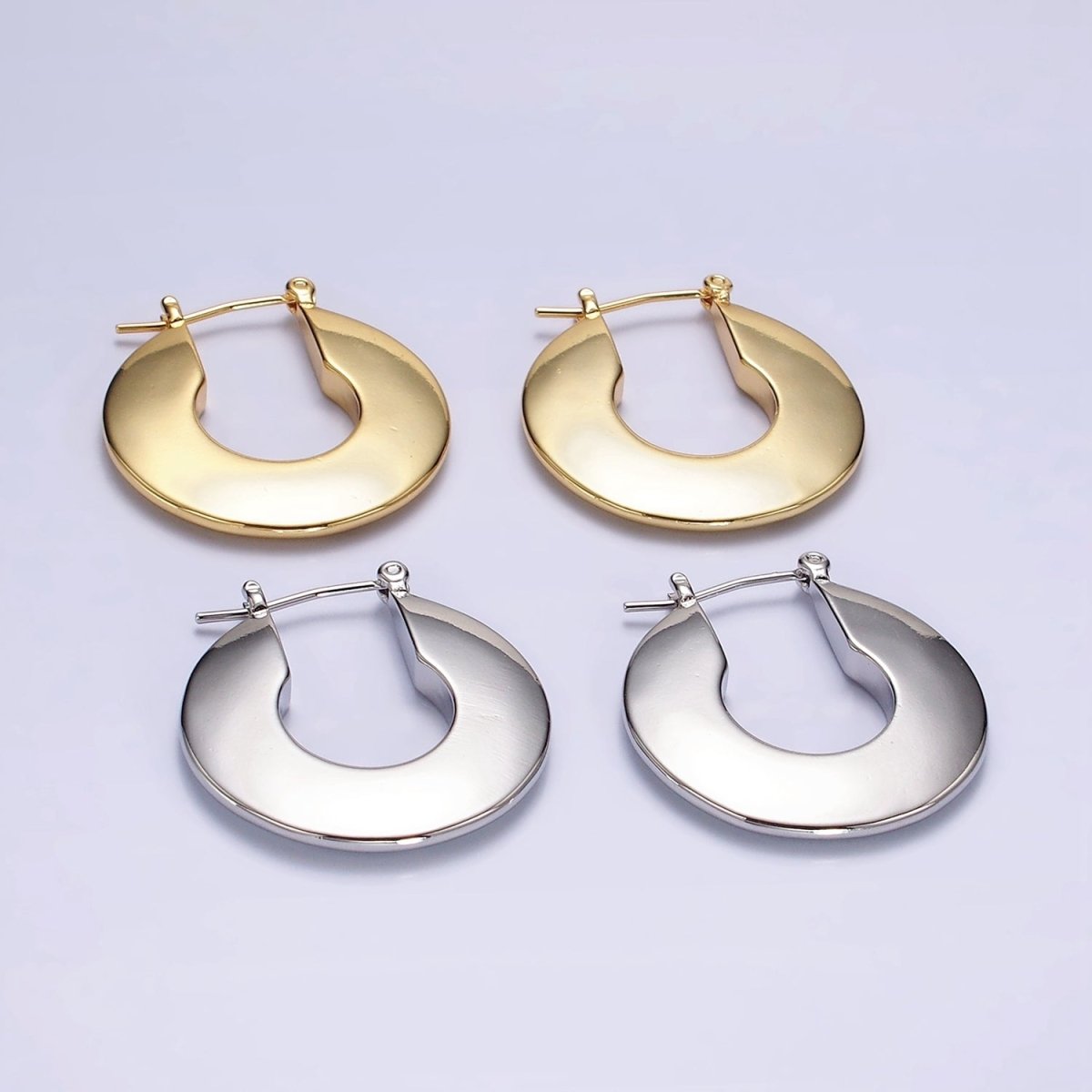 14K Gold Filled 30mm Flat Round Geometric Modern Statement Latch Hoop Earrings in Gold & Silver | AE124 AE125 - DLUXCA