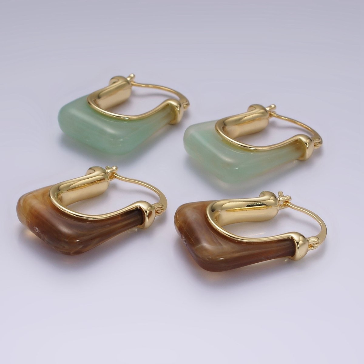 14K Gold Filled 30mm Green, Brown Resin U-Shaped Rectangular Latch Hoop Earrings | AE367 AE368 AE373 - DLUXCA