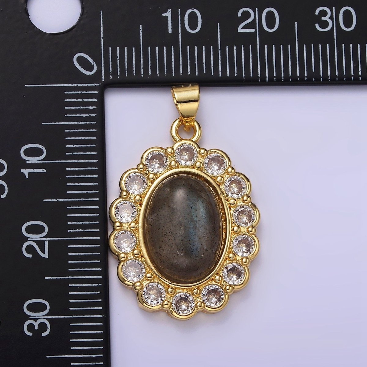 14K Gold Filled 30mm Labradorite Cabochon Rounded Clear CZ Oval Pendant | AA680 - DLUXCA