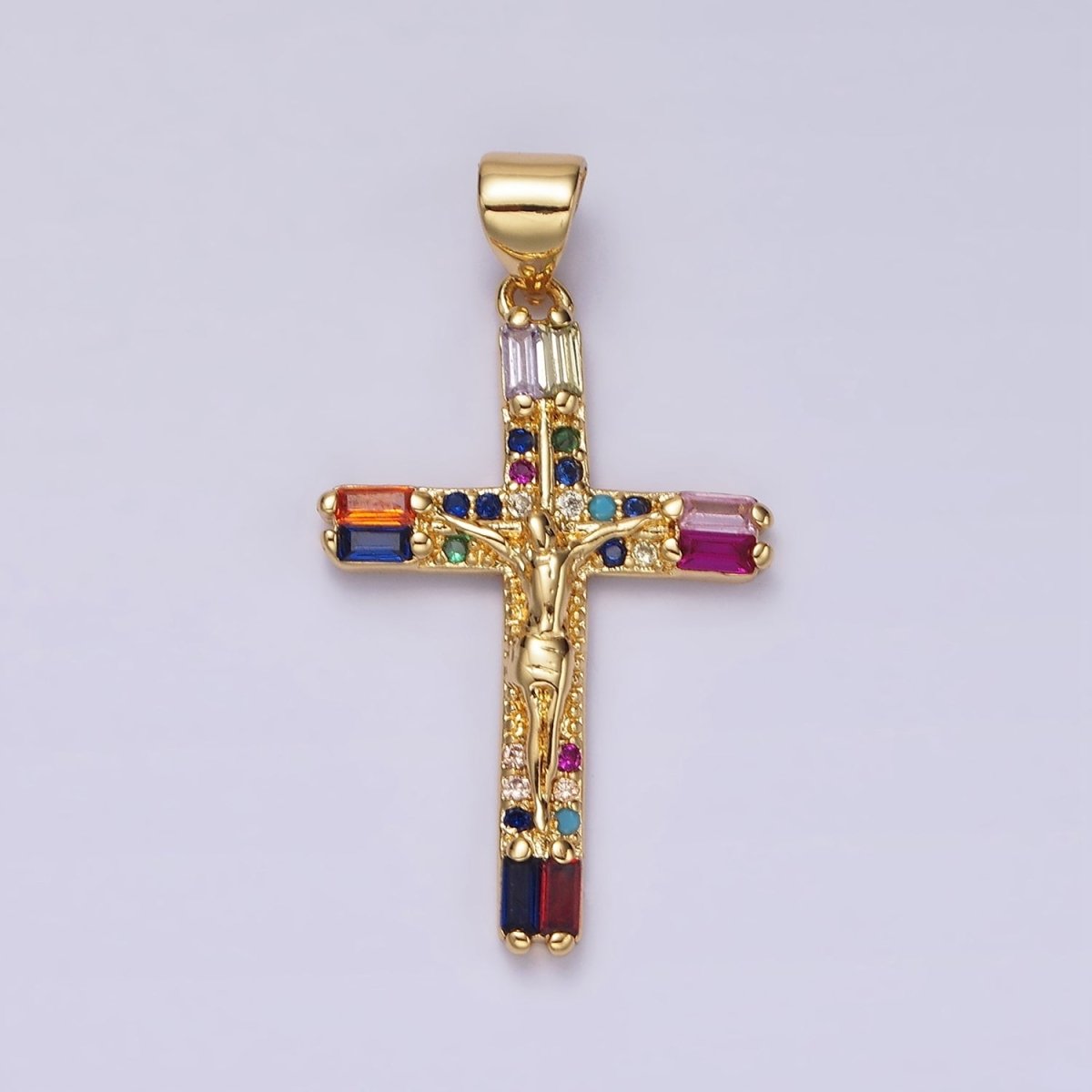 14K Gold Filled 30mm Multicolor Baguette Micro Paved CZ Crucifix Cross Pendant | AH048 - DLUXCA