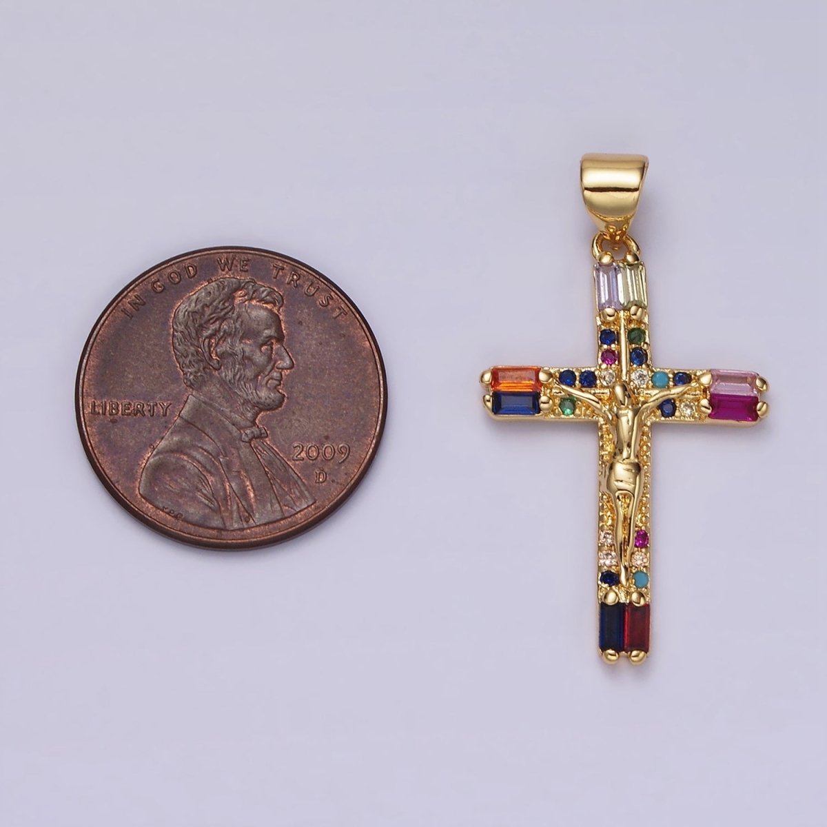 14K Gold Filled 30mm Multicolor Baguette Micro Paved CZ Crucifix Cross Pendant | AH048 - DLUXCA