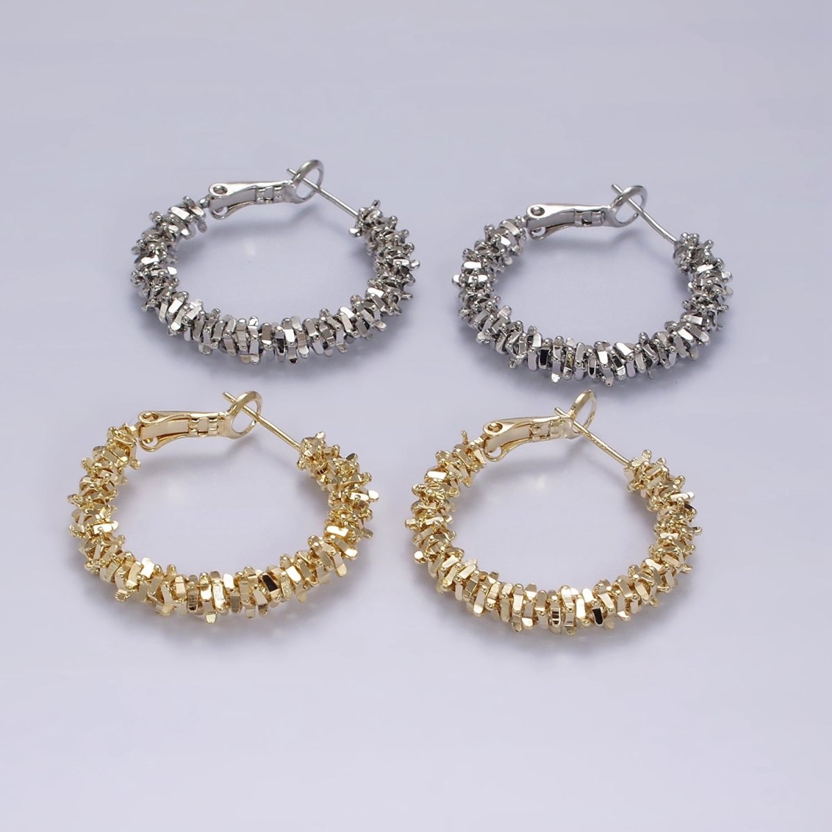 14K Gold Filled 30mm Multiple Geometric Bead Hinge Hoop Earrings in Gold & Silver | AE297 AE298 - DLUXCA