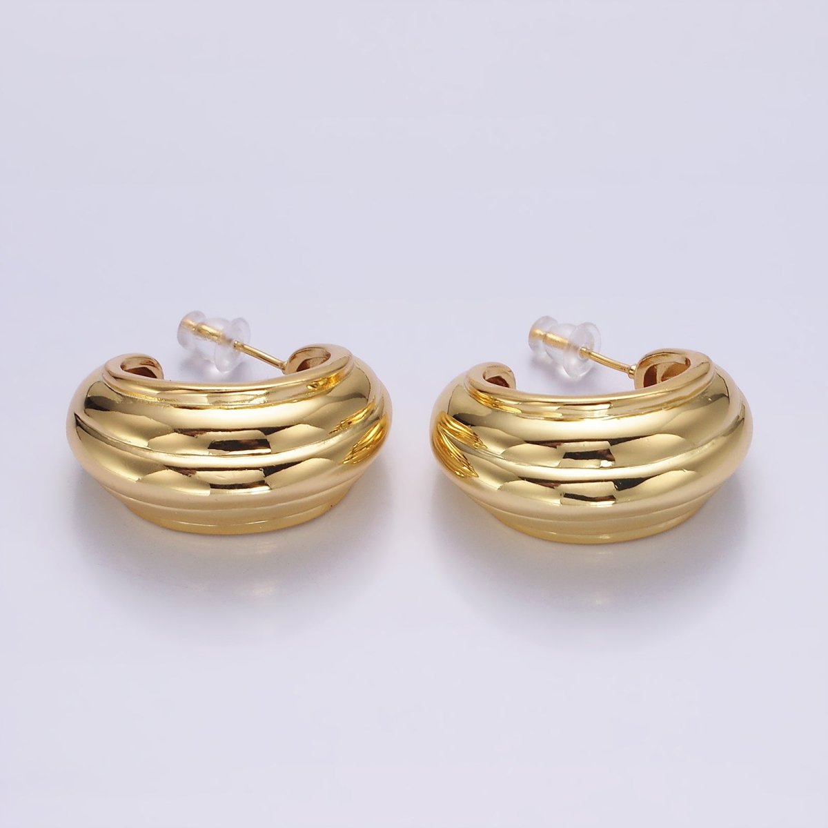 14K Gold Filled 30mm Multiple Line Dome C-Shaped Hoop Earrings in Silver & Gold | AE-104 AE-105 - DLUXCA