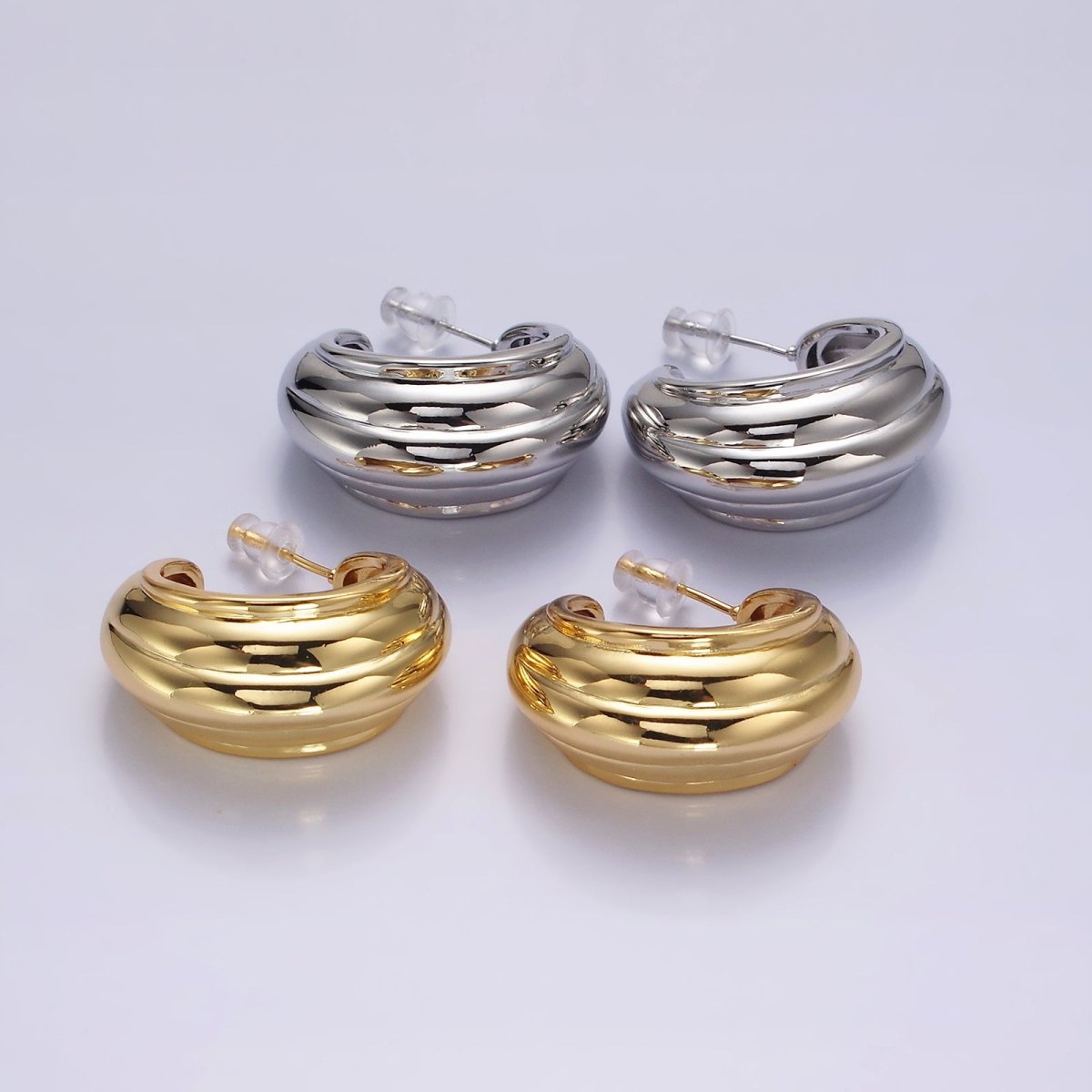 14K Gold Filled 30mm Multiple Line Dome C-Shaped Hoop Earrings in Silver & Gold | AE-104 AE-105 - DLUXCA