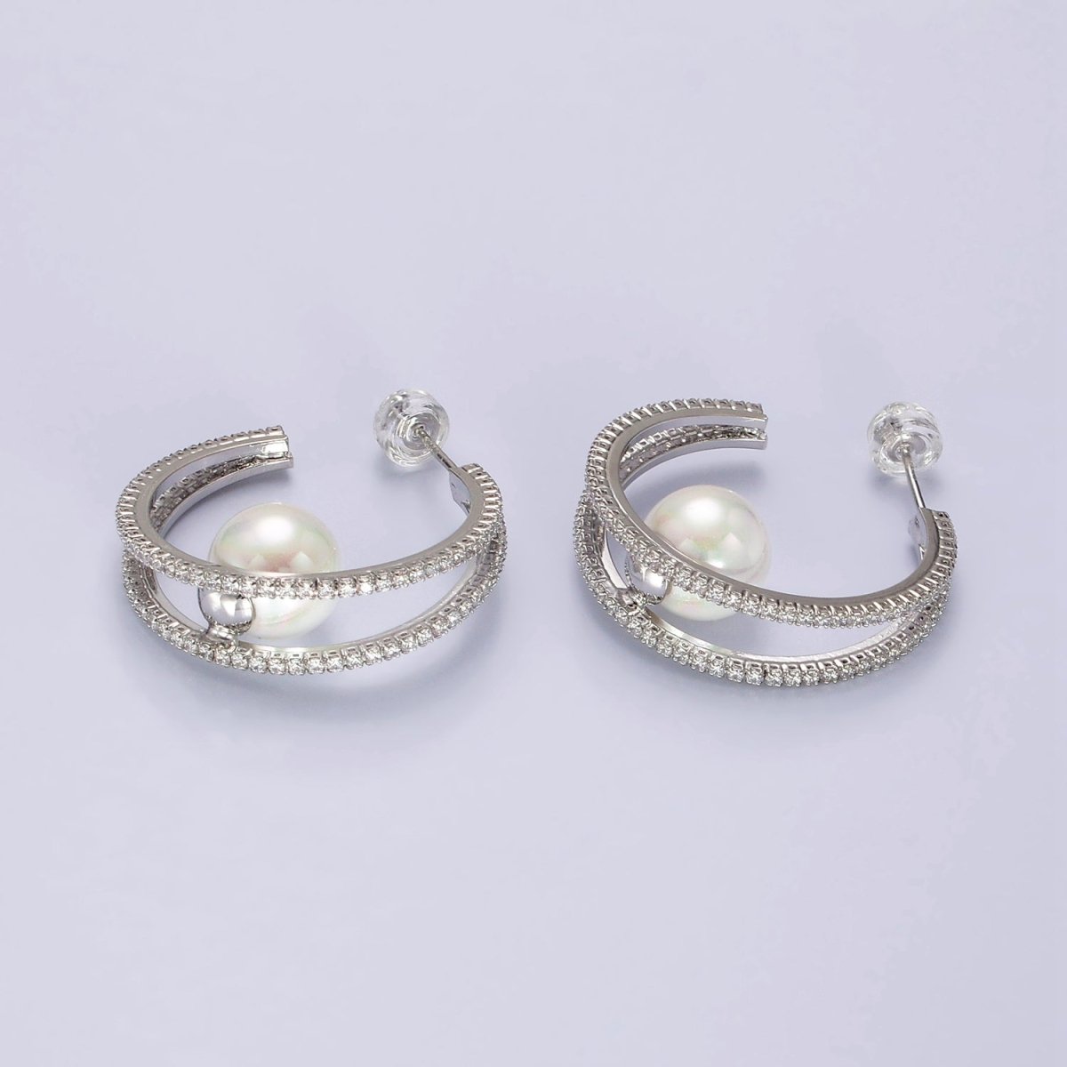14K Gold Filled 30mm Pearl Double CZ Lined C-Shaped Hoop Earrings in Silver & Gold | AE238 AE239 - DLUXCA
