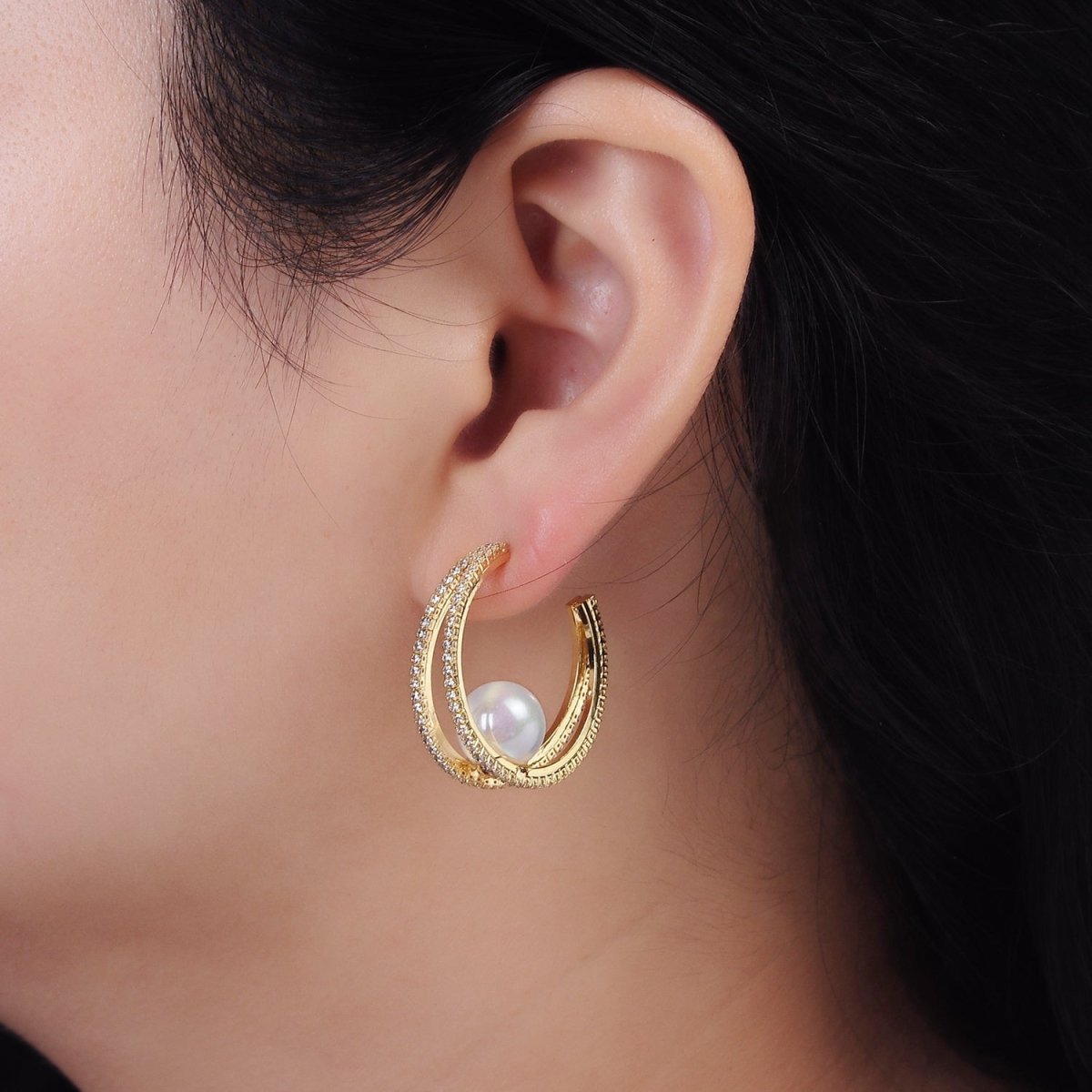 14K Gold Filled 30mm Pearl Double CZ Lined C-Shaped Hoop Earrings in Silver & Gold | AE238 AE239 - DLUXCA