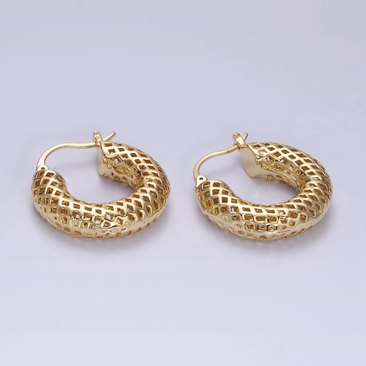 14K Gold Filled 30mm Rhombus Filigree Chubby Hoop French Lock Latch Earrings in Gold & Silver | AE075 AE076 - DLUXCA