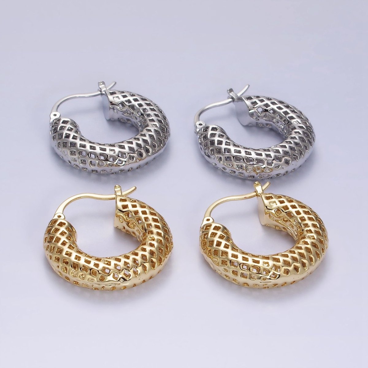 14K Gold Filled 30mm Rhombus Filigree Chubby Hoop French Lock Latch Earrings in Gold & Silver | AE075 AE076 - DLUXCA