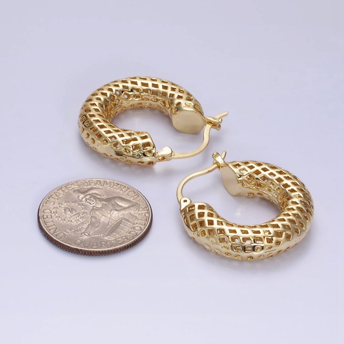 14K Gold Filled 30mm Rhombus Filigree Chubby Hoop French Lock Latch Earrings in Gold & Silver | AE075 AE076 - DLUXCA