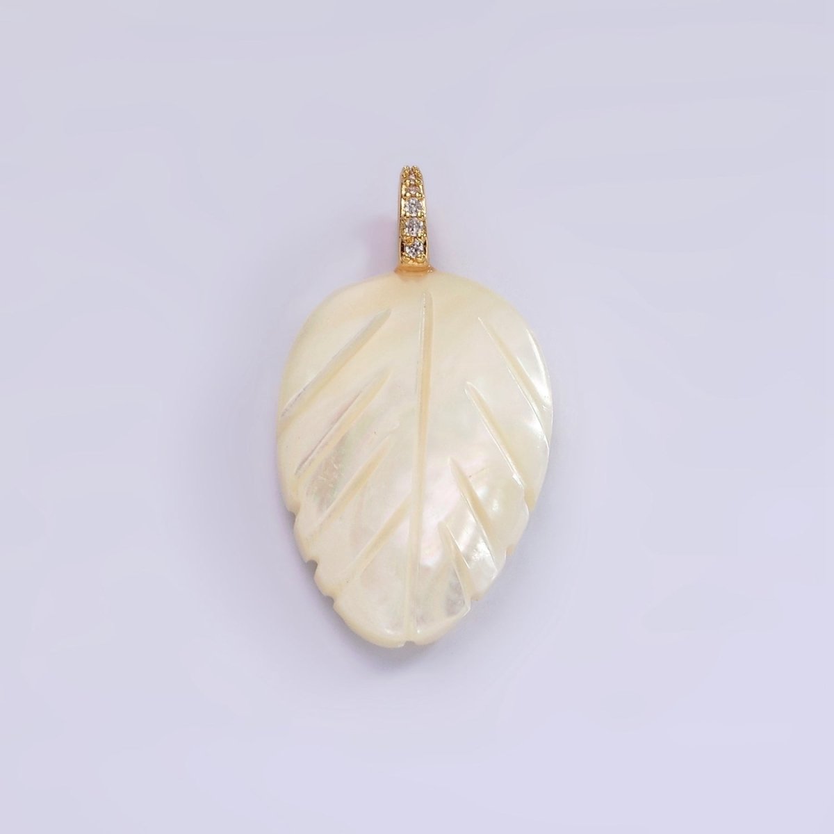 14K Gold Filled 30mm Shell Pearl Leaf Nature Micro Paved CZ Bail Pendant | P1653 - DLUXCA