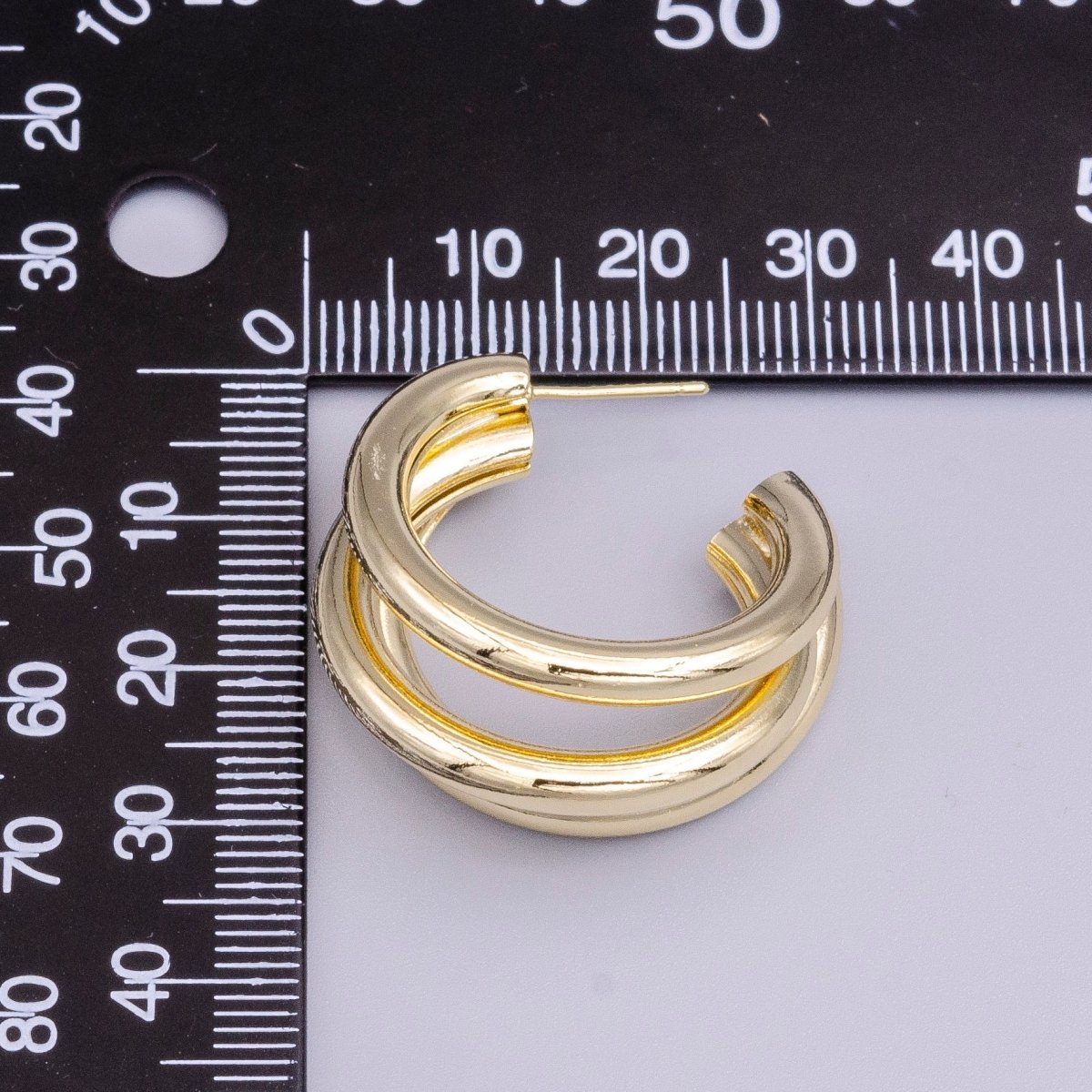 14K Gold Filled 30mm Triple Band Bar C-Shaped Geometric Hoop Earrings | AE069 - DLUXCA